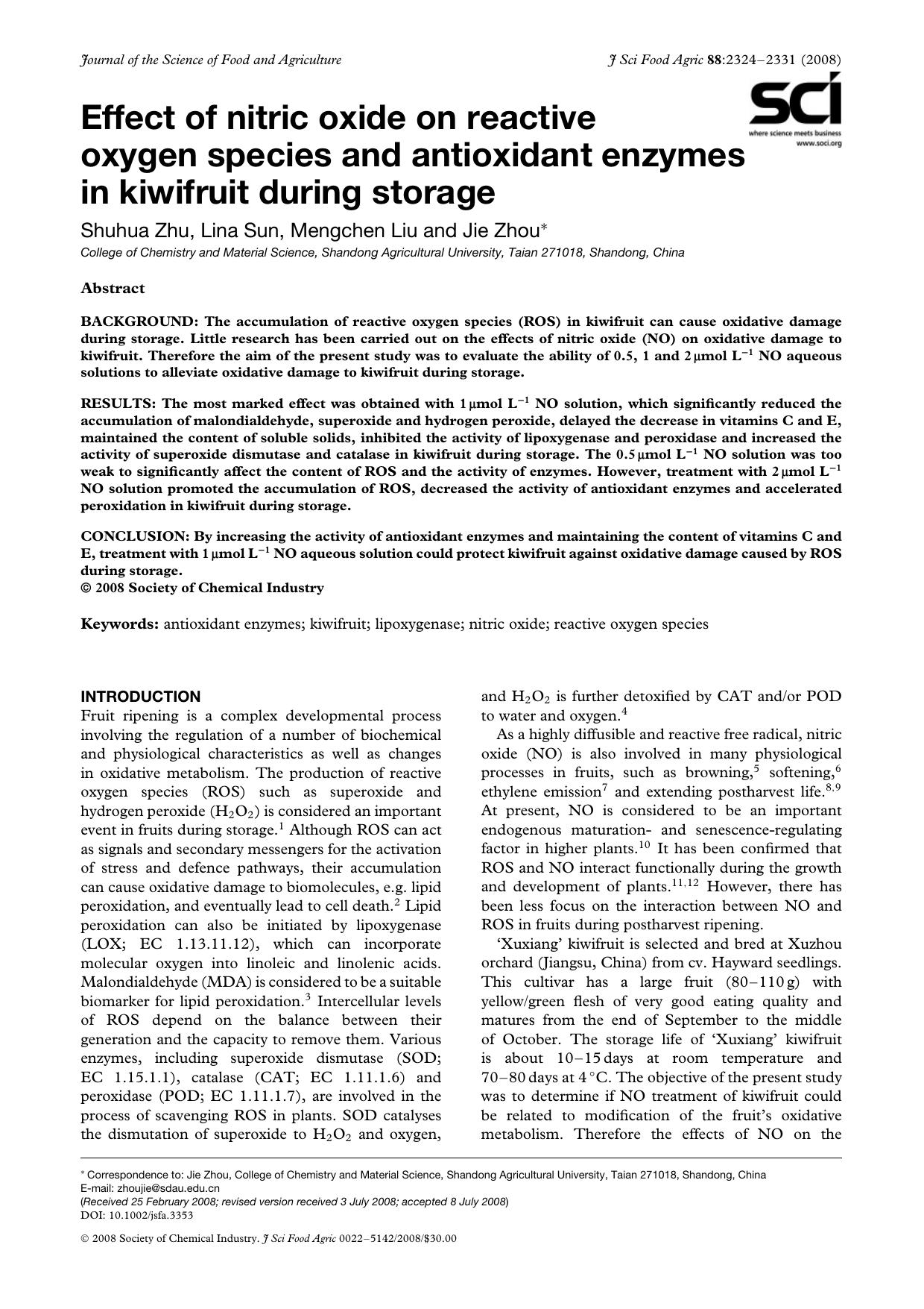 Effect of nitric oxide on reactive oxygen species and antioxidant enzymes in kiwifruit during storage by Unknown