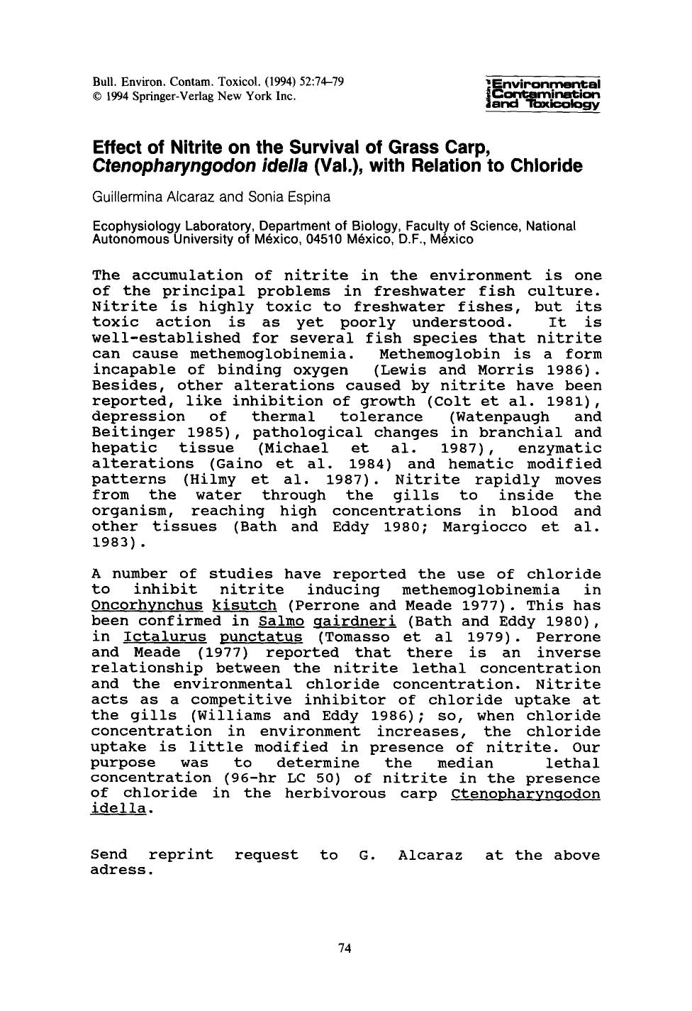 Effect of nitrite on the survival of grass carp, <Emphasis Type="Italic">Ctenopharyngodon idella<Emphasis> (Val.), with relation to chloride by Unknown