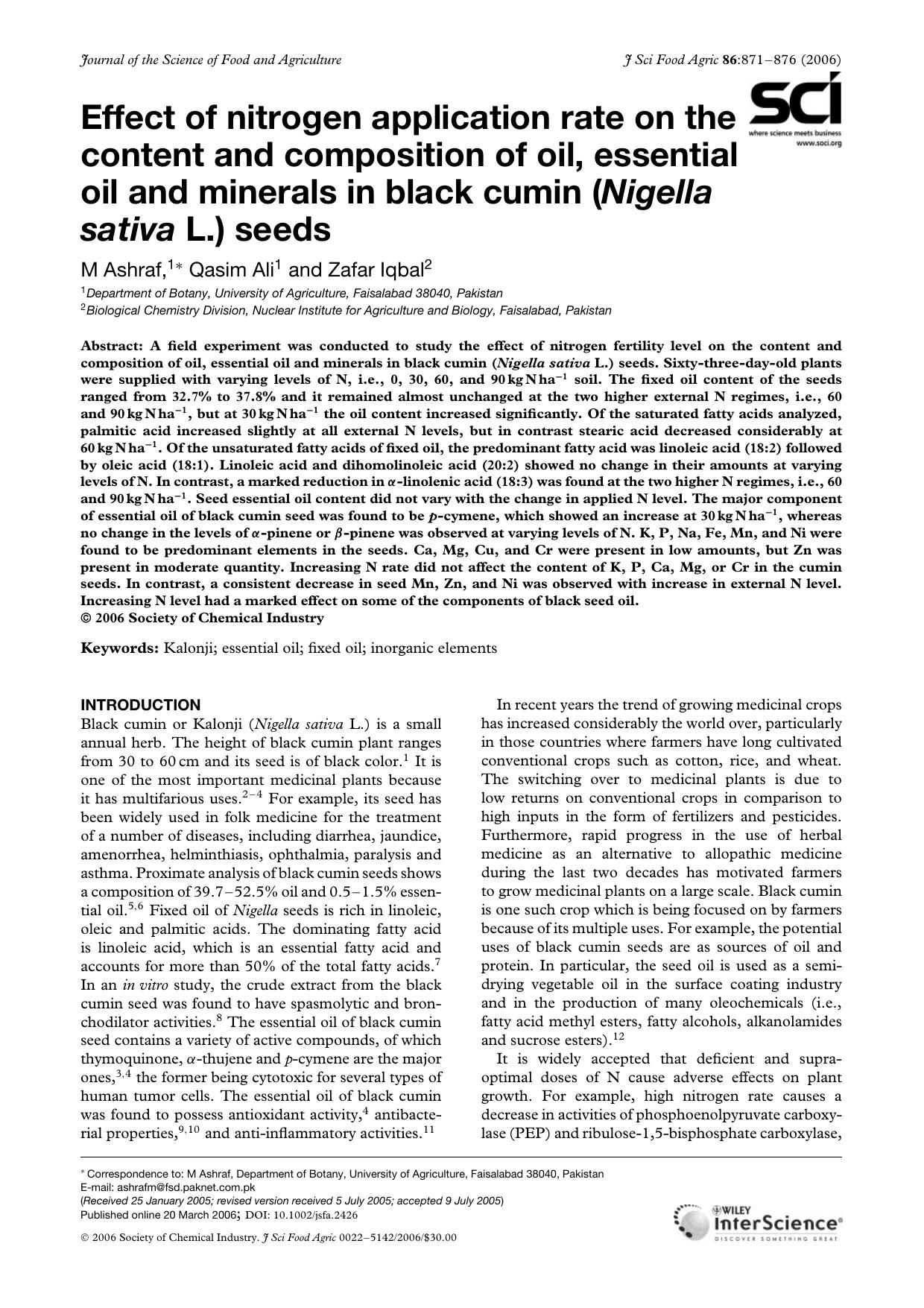 Effect of nitrogen application rate on the content and composition of oil, essential oil and minerals in black cumin (Nigella sativa L.) seeds by Unknown