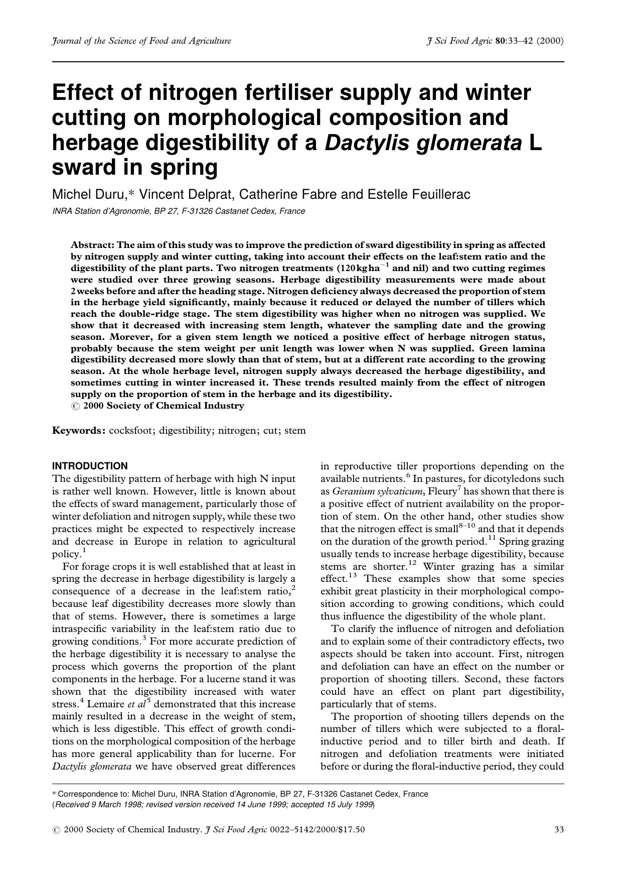 Effect of nitrogen fertiliser supply and winter cutting on morphological composition and herbage digestibility of a Dactylis glomerata L sward in spring by Unknown