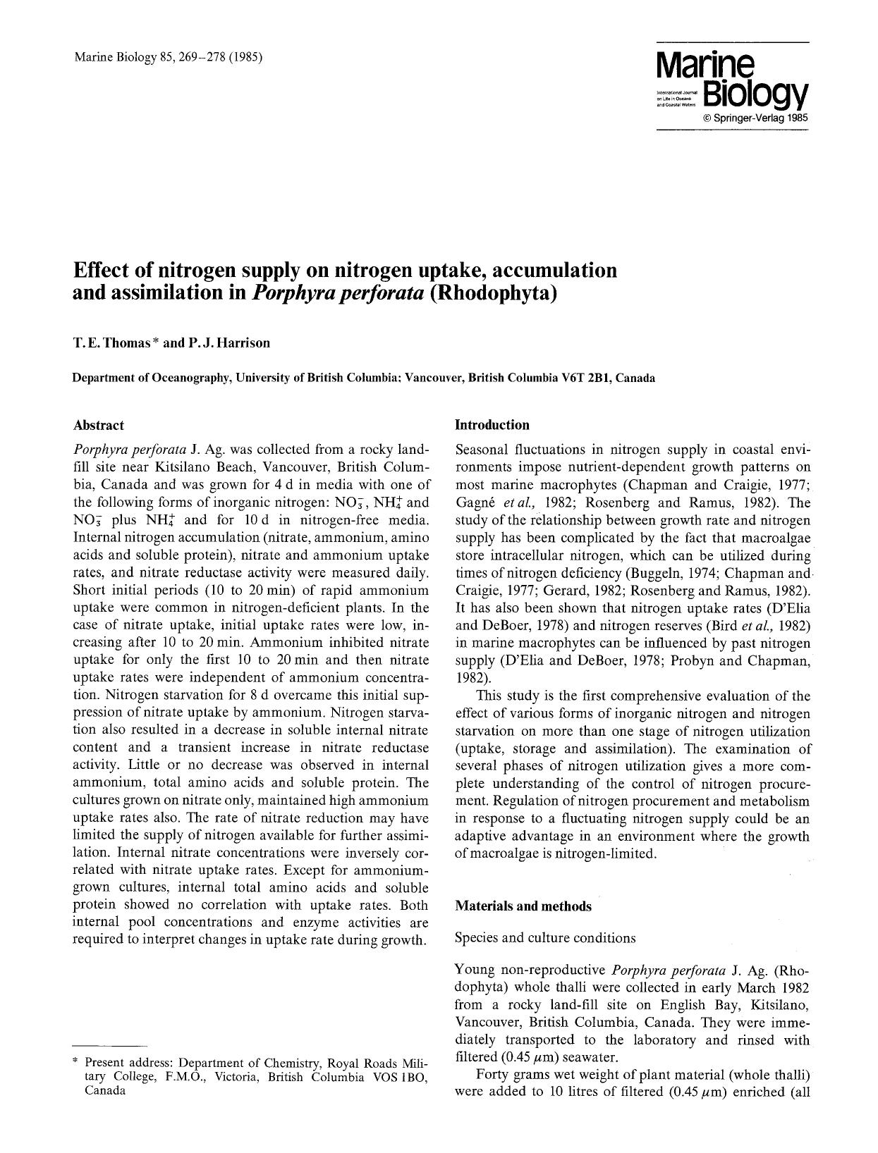 Effect of nitrogen supply on nitrogen uptake, accumulation and assimilation in <Emphasis Type="Italic">Porphyra perforata<Emphasis> (Rhodophyta) by Unknown