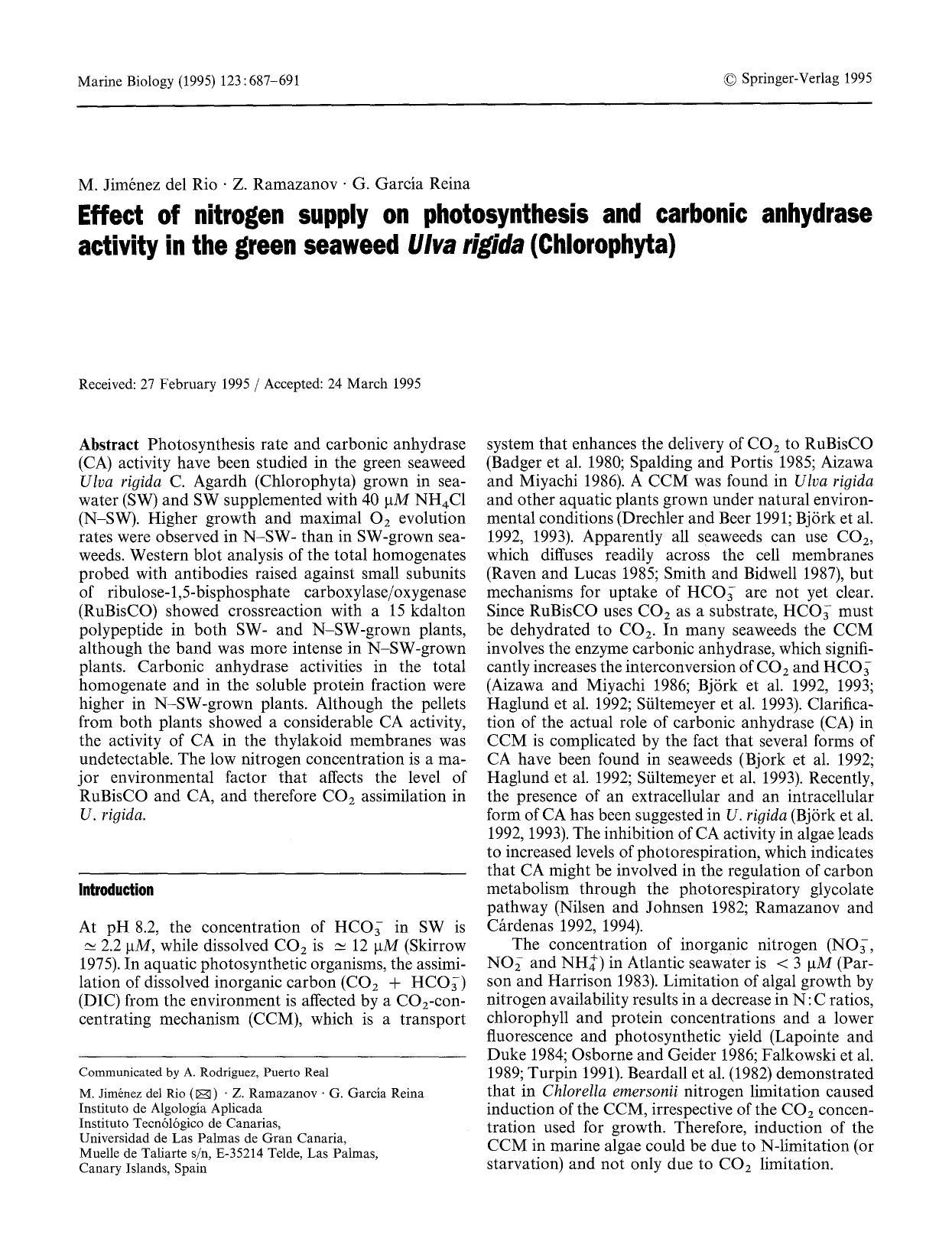 Effect of nitrogen supply on photosynthesis and carbonic anhydrase activity in the green seaweed <Emphasis Type="Italic">Ulva rigida<Emphasis> (Chlorophyta) by Unknown
