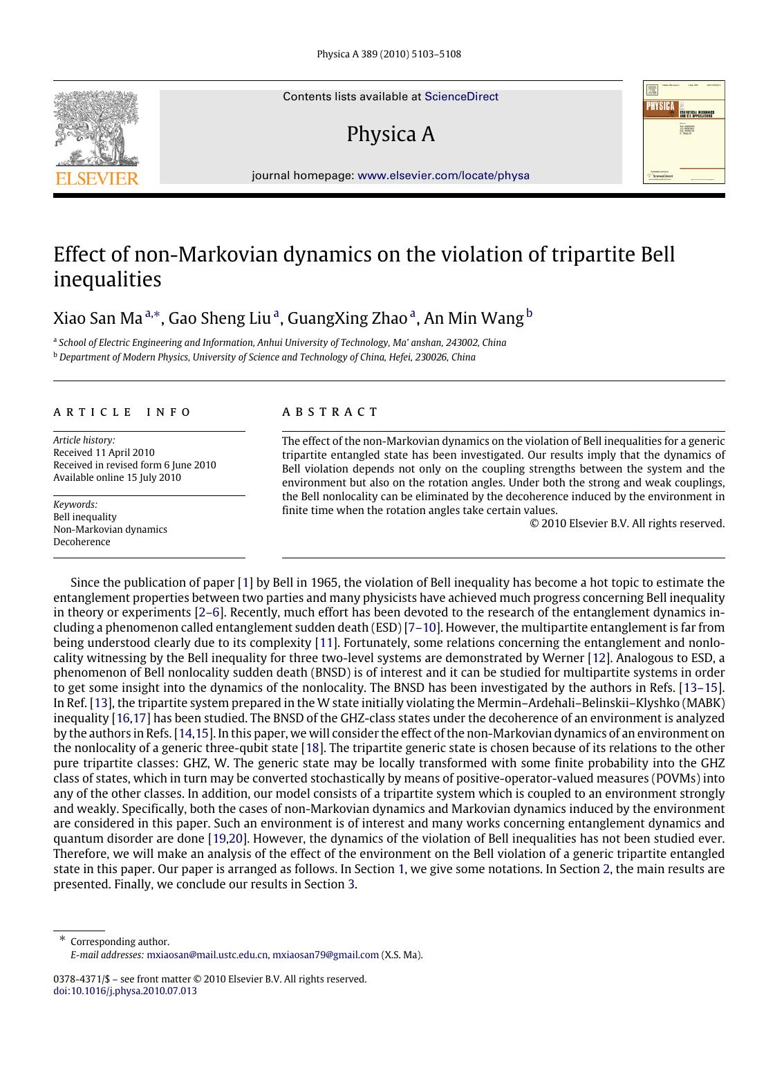 Effect of non-Markovian dynamics on the violation of tripartite Bell inequalities by Xiao San Ma; Gao Sheng Liu; GuangXing Zhao; An Min Wang