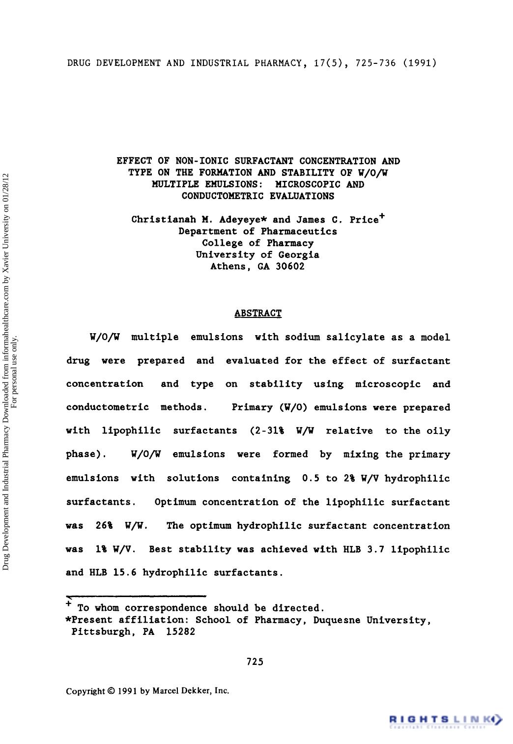 Effect of non-ionic surfactant concentration and type on the formation and stability of WOW multiple emulsions: Microscopic and conductometric evaluations by Christianah M. Adeyeye & James C. Price
