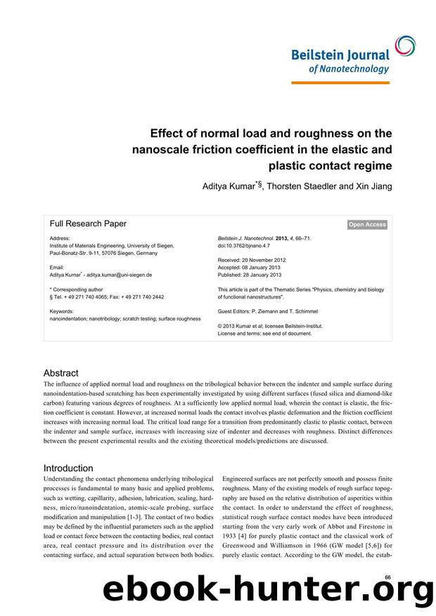 Effect of normal load and roughness on the nanoscale friction coefficient in the elastic and plastic contact regime by Aditya Kumar Thorsten Staedler Xin Jiang