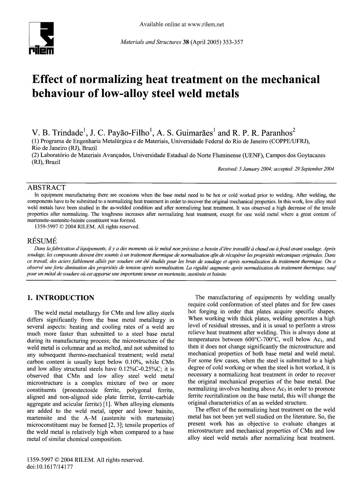 Effect of normalizing heat treatment on the mechanical behaviour of low-alloy steel weld metals by Unknown