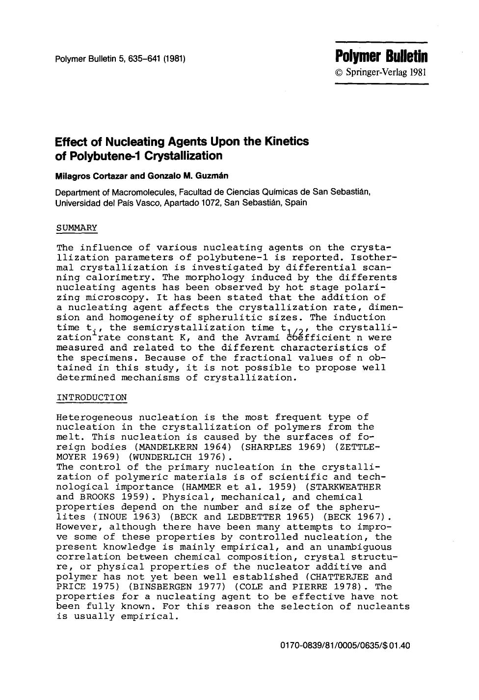 Effect of nucleating agents upon the kinetics of polybutene-1 crystallization by Unknown