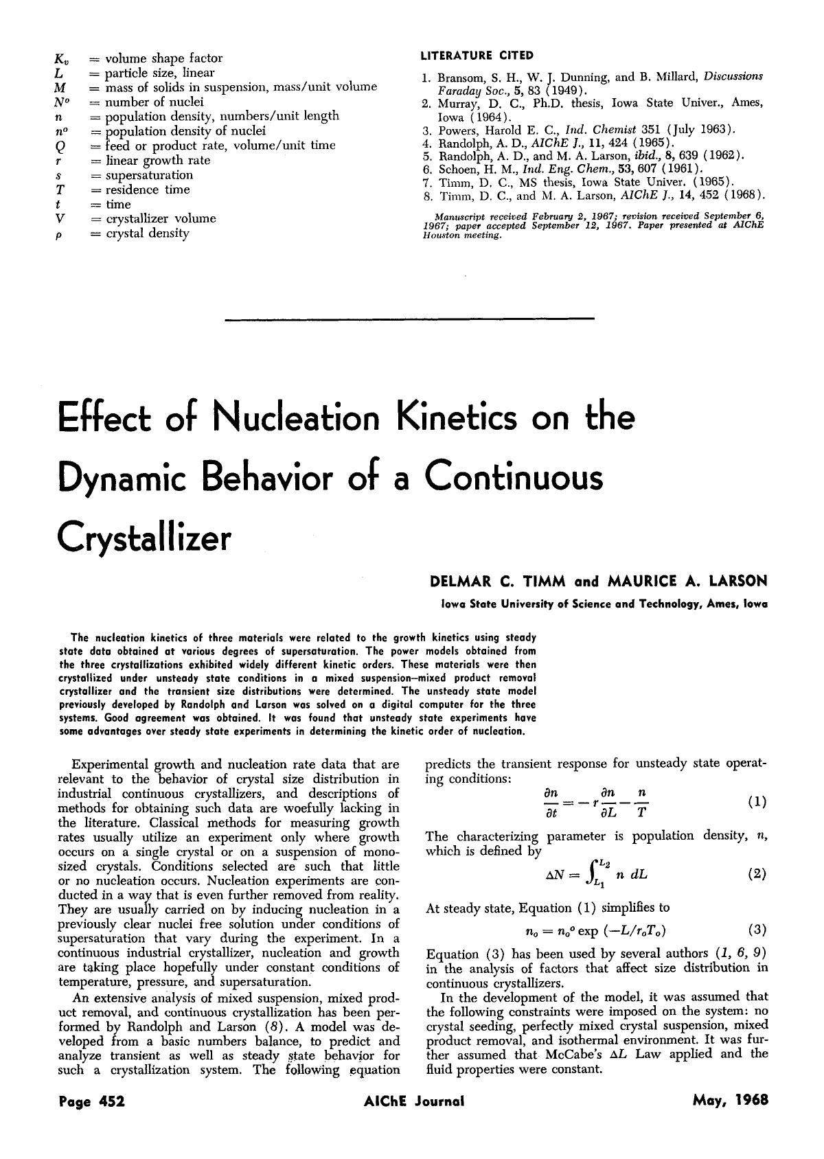 Effect of nucleation kinetics on the dynamic behavior of a continuous crystallizer by Unknown
