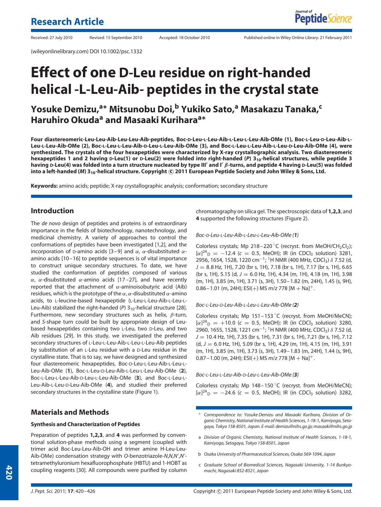 Effect of one DLeu residue on righthanded helical LLeuAib peptides in the crystal state by Unknown