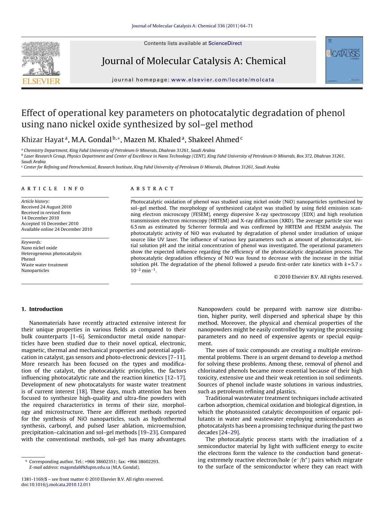 Effect of operational key parameters on photocatalytic degradation of phenol using nano nickel oxide synthesized by solÃ¢â¬âgel method by Khizar Hayat