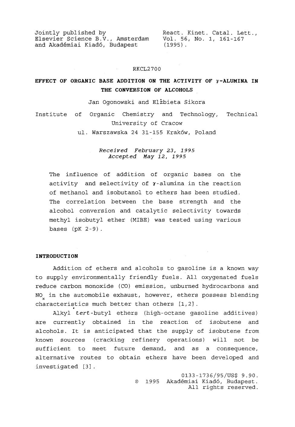 Effect of organic base addition of the activity of γ-alumina in the conversion of alcohols by Unknown