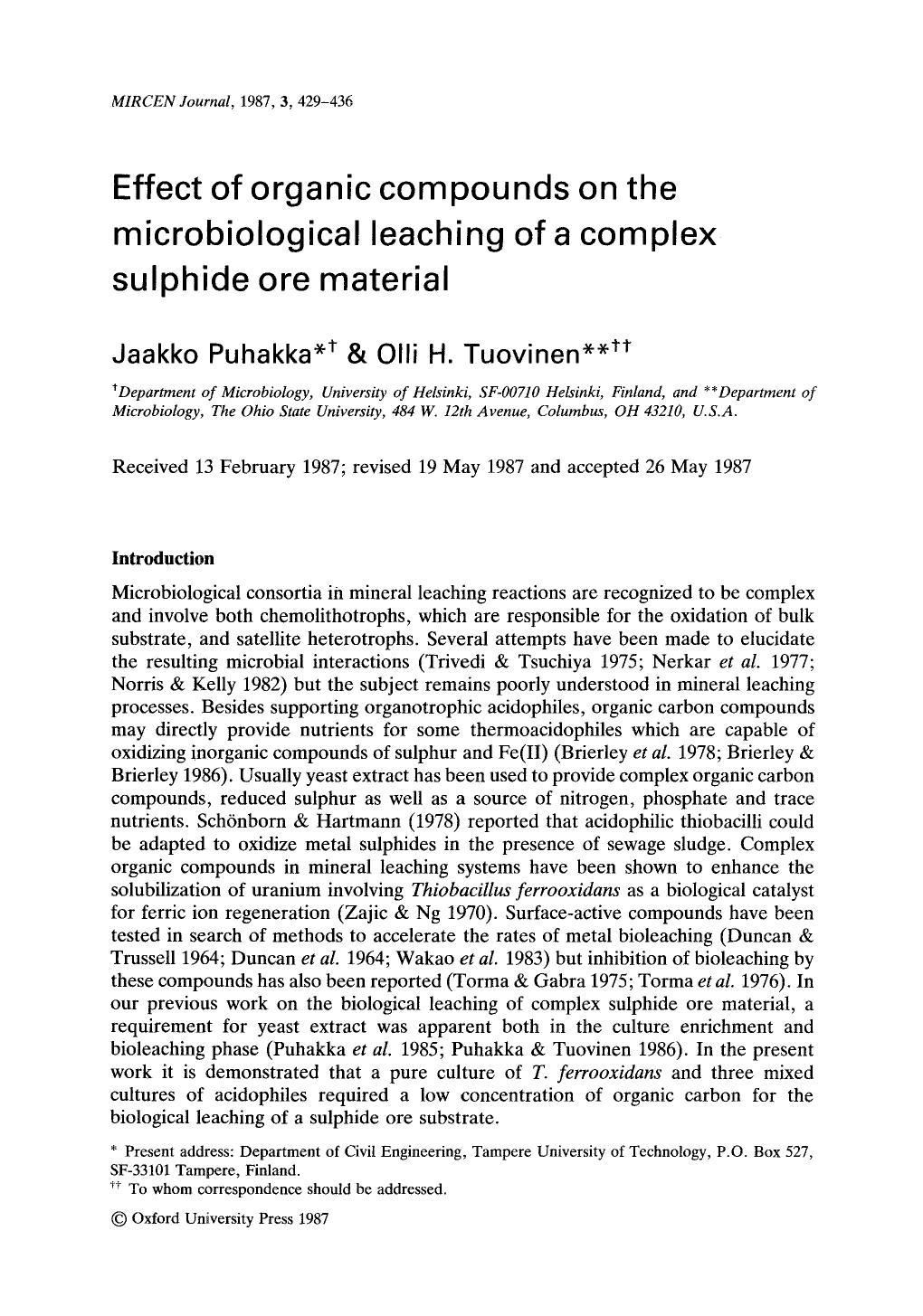 Effect of organic compounds on the microbiological leaching of a complex sulphide ore material by Unknown