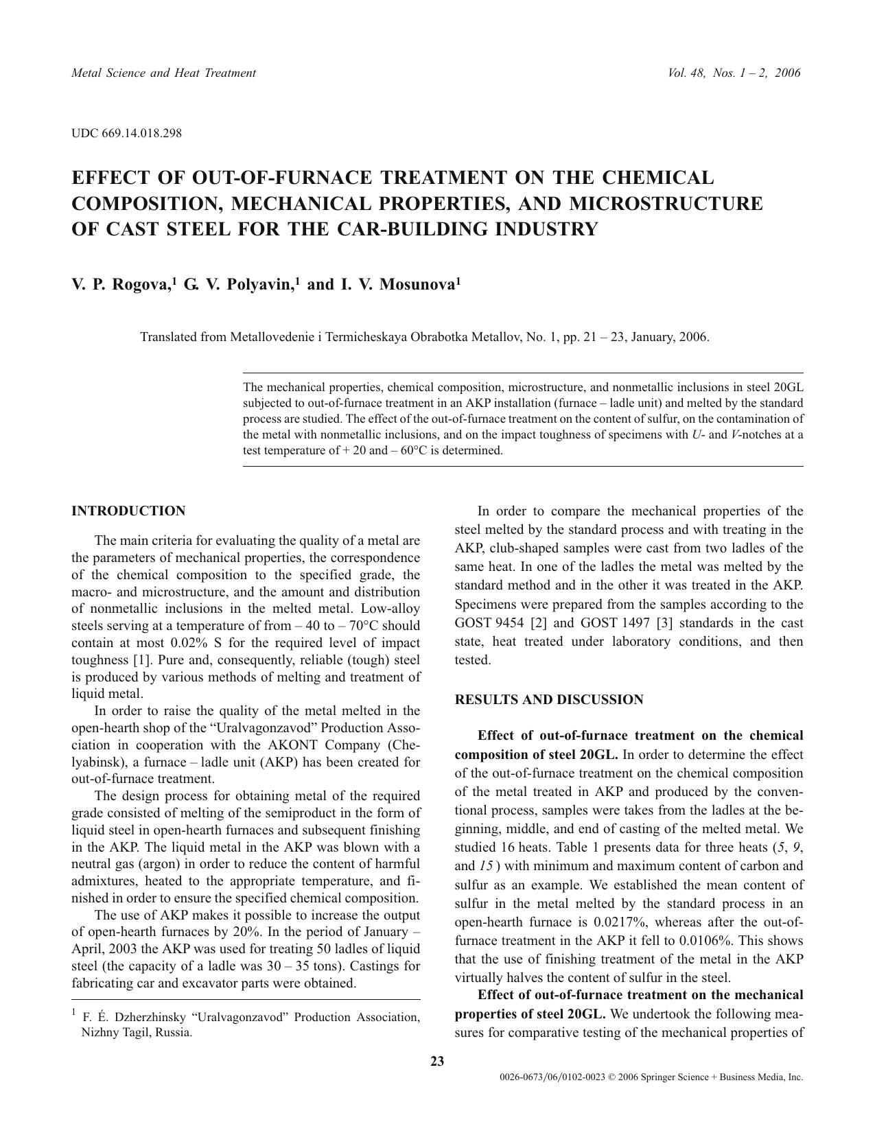 Effect of out-of-furnace treatment on the chemical composition, mechanical properties, and microstructure of cast steel for the car-building industry by Unknown