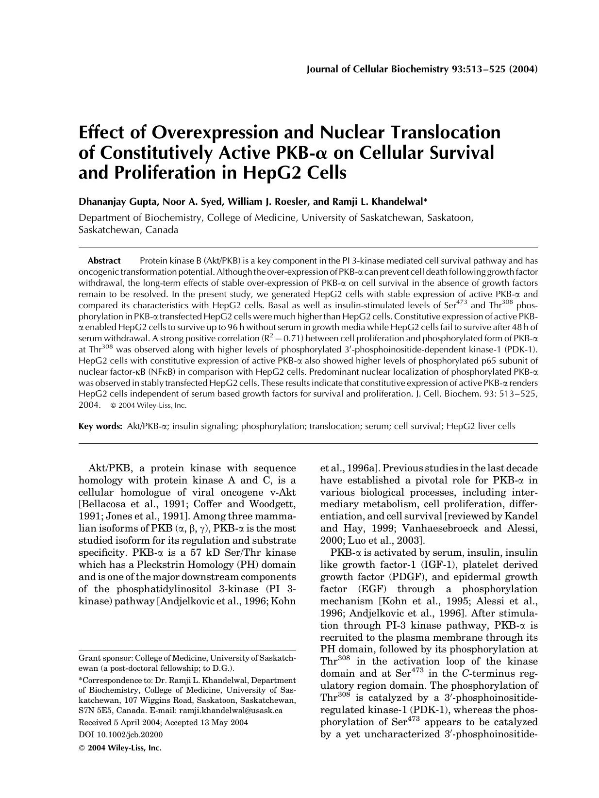 Effect of overexpression and nuclear translocation of constitutively active PKB-[alpha] on cellular survival and proliferation in HepG2 cells by Unknown