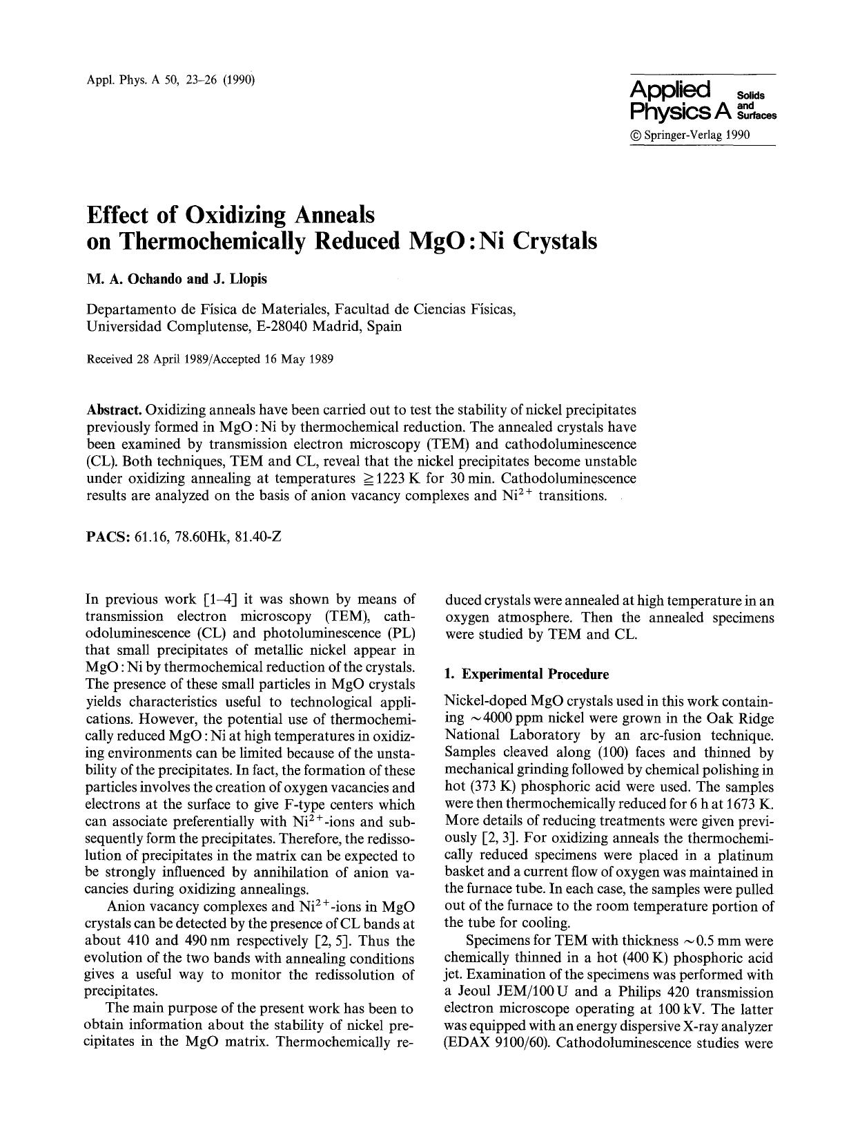 Effect of oxidizing anneals on thermochemically reduced MgO:Ni crystals by Unknown