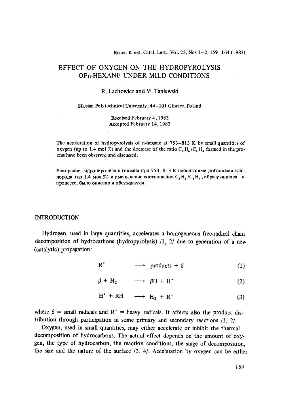 Effect of oxygen on the hydropyrolysis OFn-hexane under mild conditions by Unknown