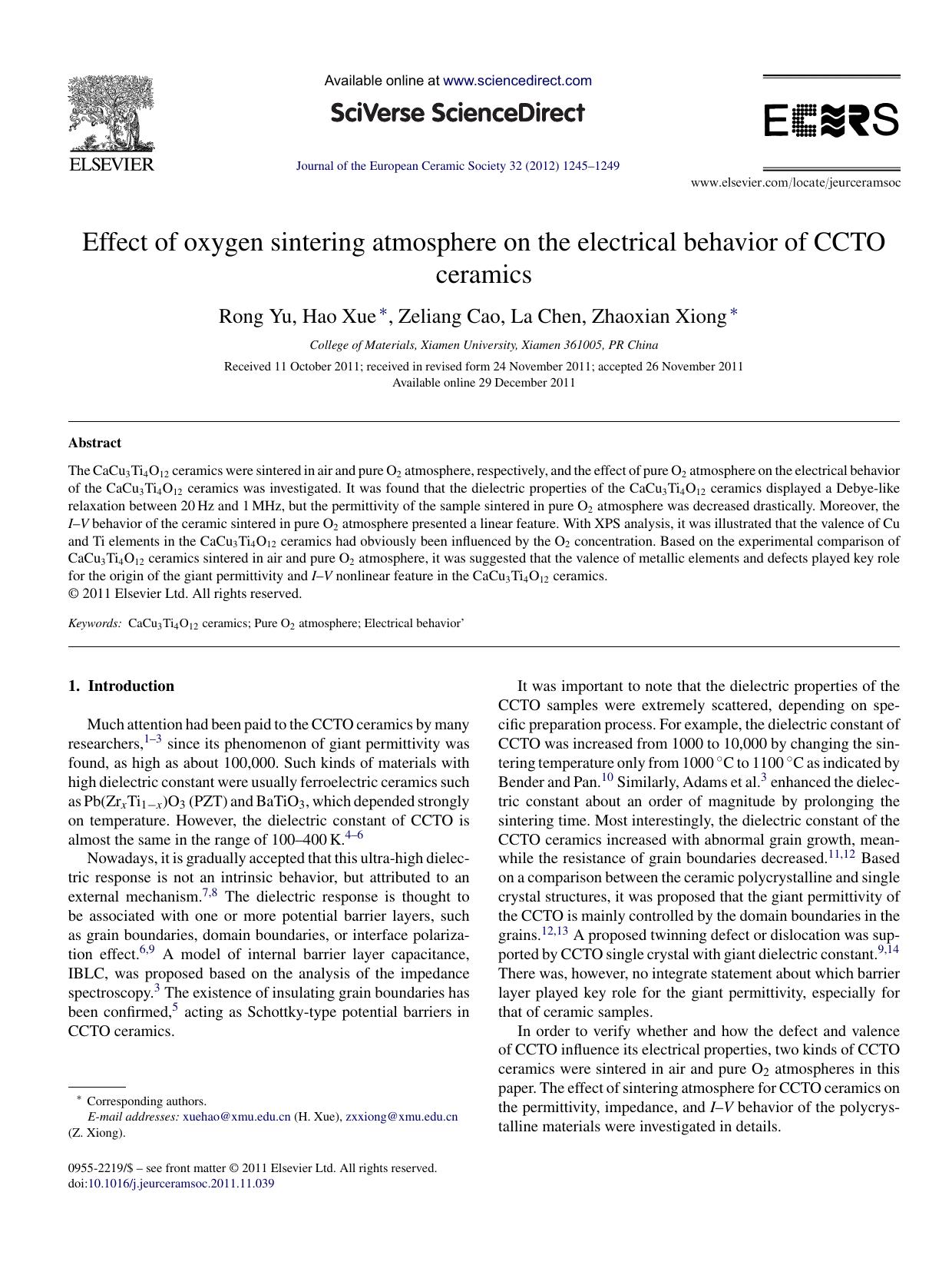 Effect of oxygen sintering atmosphere on the electrical behavior of CCTO ceramics by Rong Yu