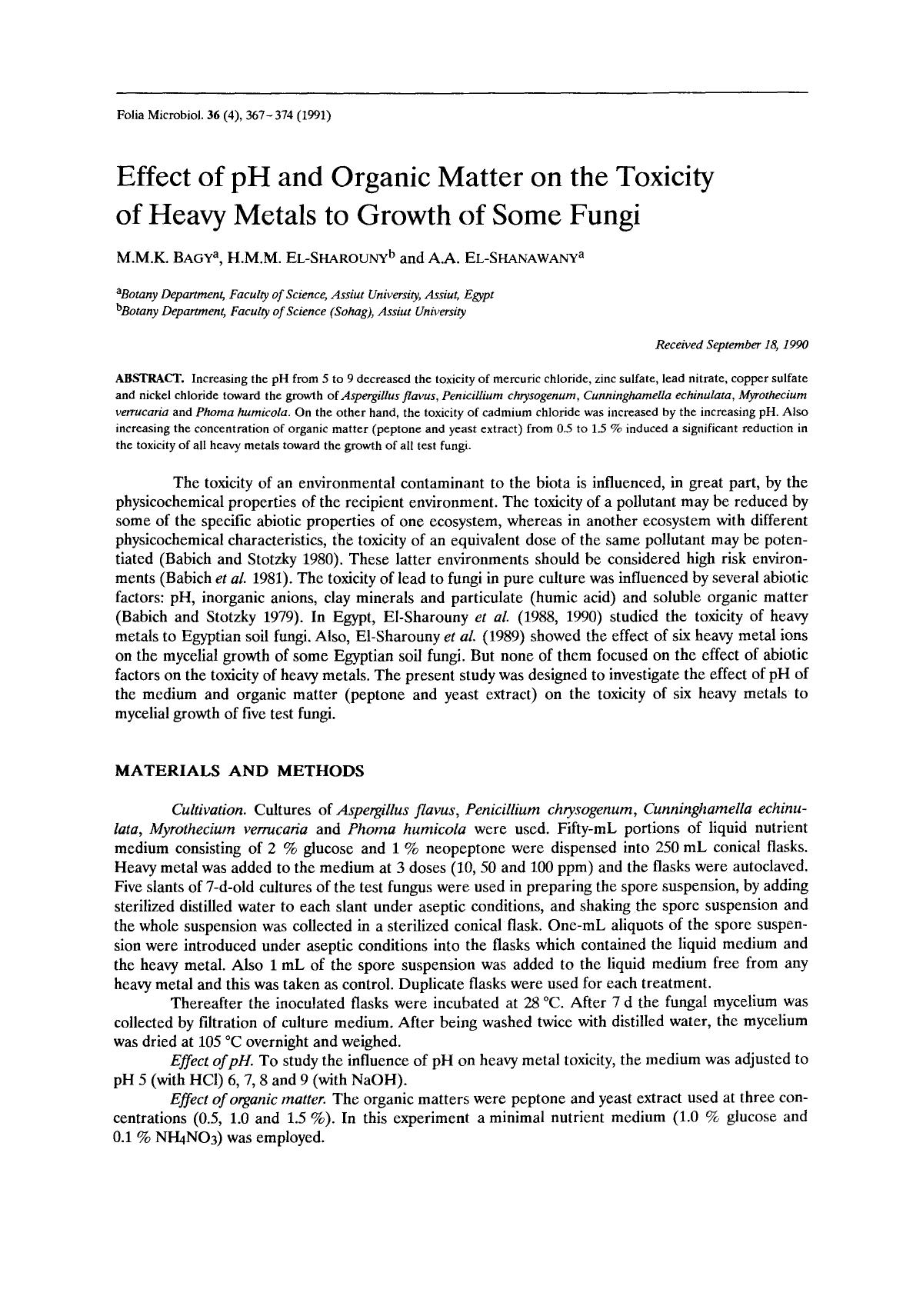 Effect of pH and organic matter on the toxicity of heavy metals to growth of some fungi by Unknown