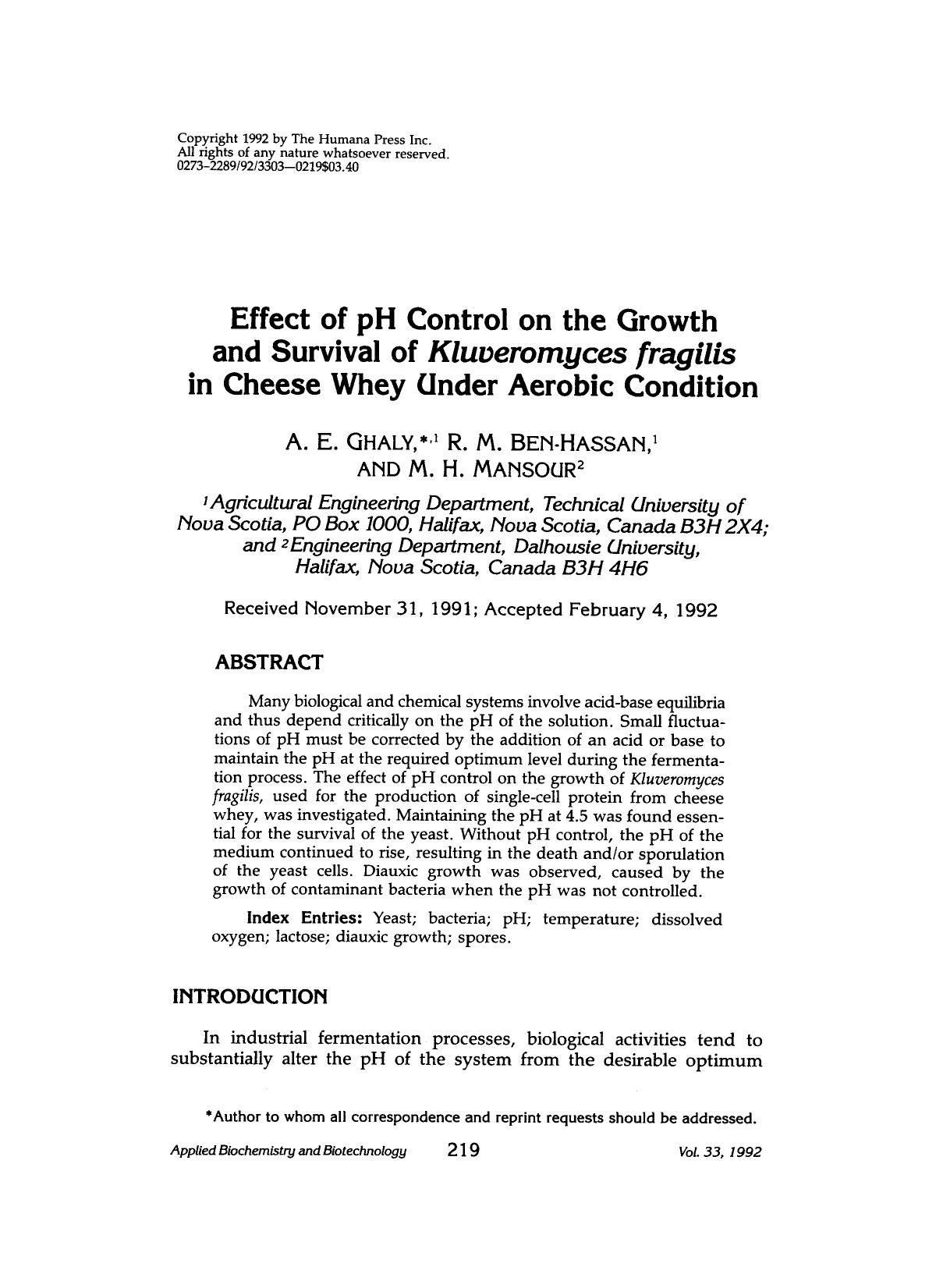Effect of pH control on the growth and survival of <Emphasis Type="Italic">Kluveromyces fragilis <Emphasis> in cheese whey under aerobic condition by Unknown