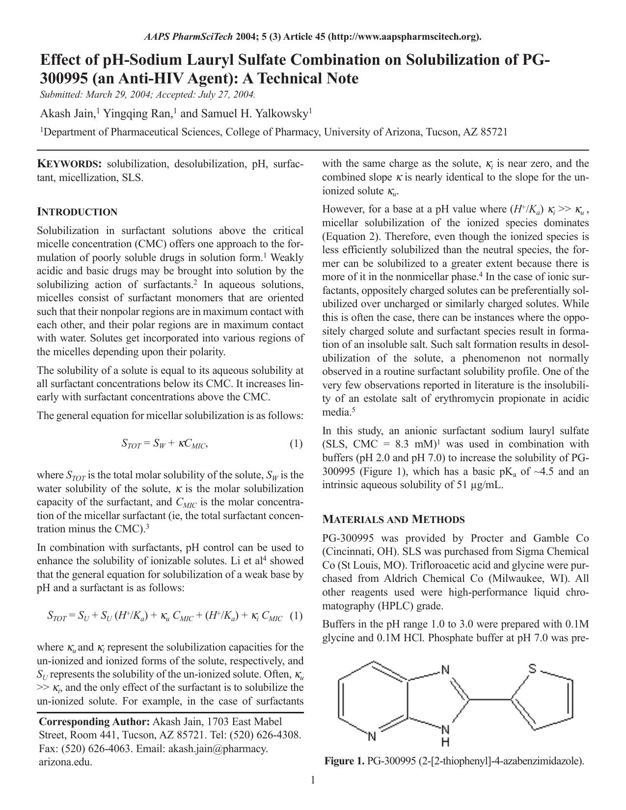 Effect of pH-sodium lauryl sulfate combination on solubilization of PG-300995 (an Anti-HIV agent): A technical note by Unknown