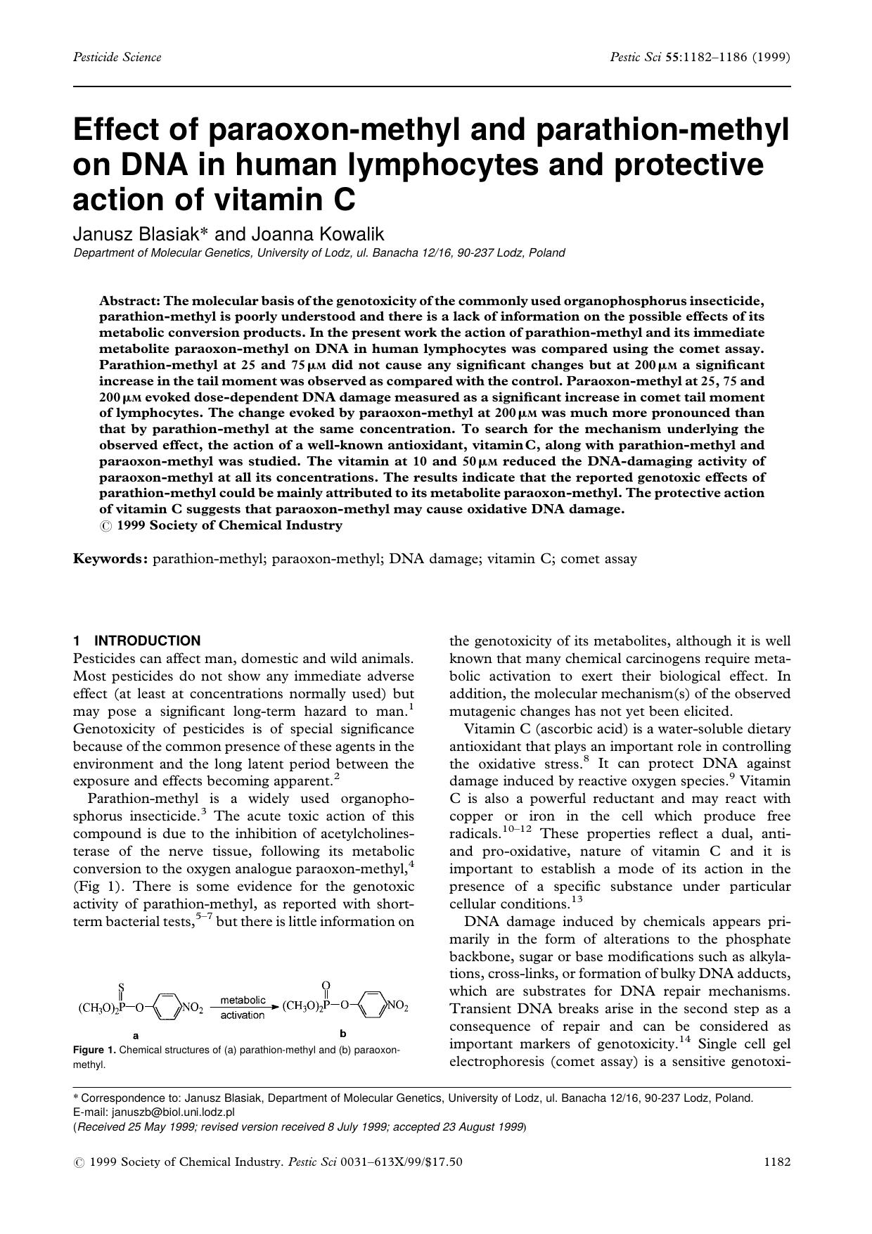 Effect of paraoxonmethyl and parathionmethyl on DNA in human lymphocytes and protective action of vitamin C by Unknown