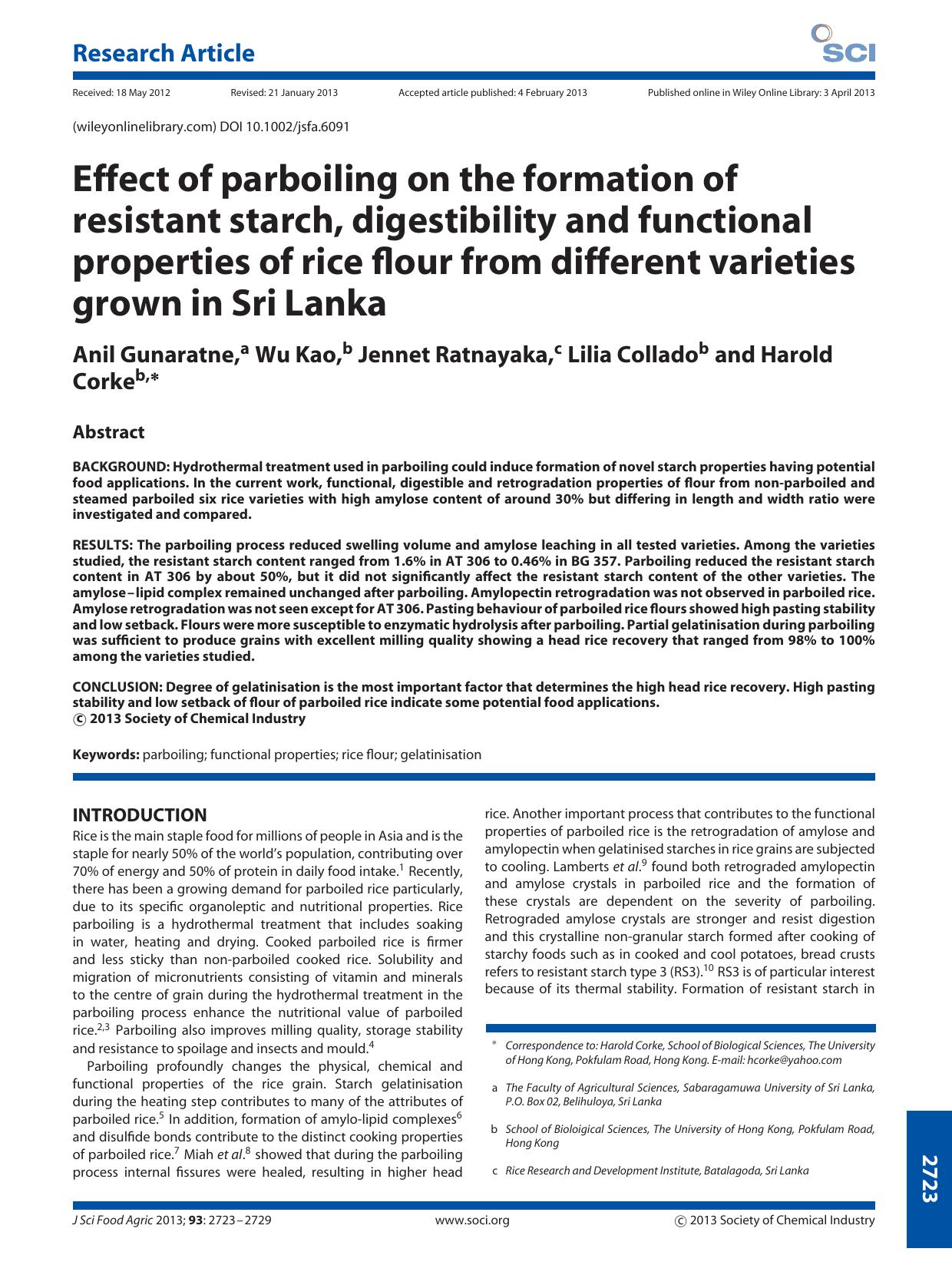 Effect of parboiling on the formation of resistant starch, digestibility and functional properties of rice flour from different varieties grown in Sri Lanka by Unknown