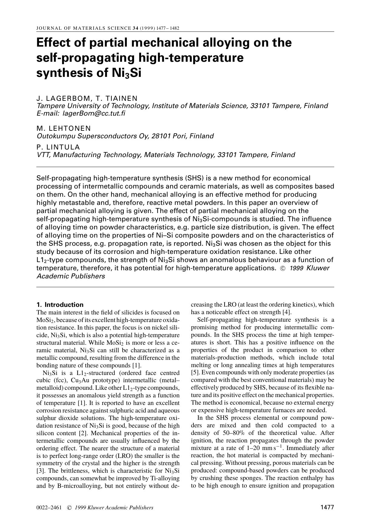 Effect of partial mechanical alloying on the self-propagating high-temperature synthesis of Ni3Si by Unknown