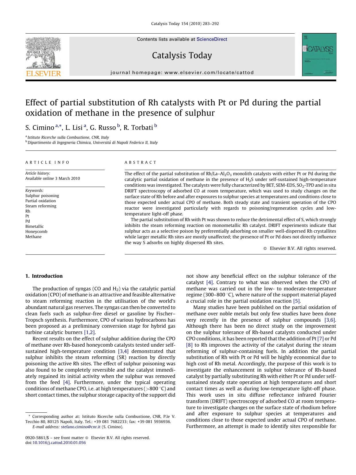 Effect of partial substitution of Rh catalysts with Pt or Pd during the partial oxidation of methane in the presence of sulphur by S. Cimino
