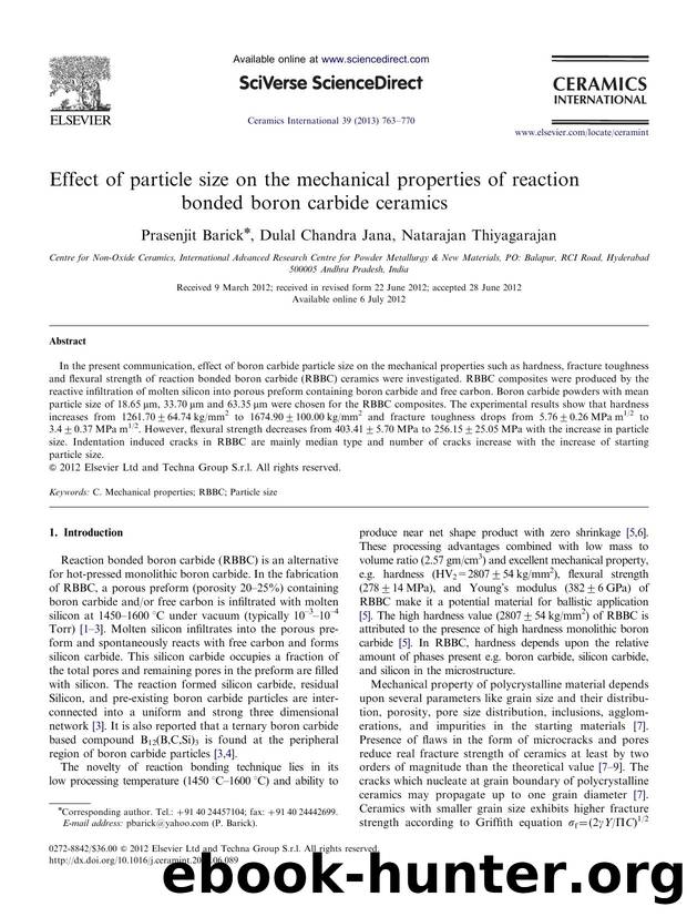Effect of particle size on the mechanical properties of reaction bonded boron carbide ceramics by Prasenjit Barick & Dulal Chandra Jana & Natarajan Thiyagarajan