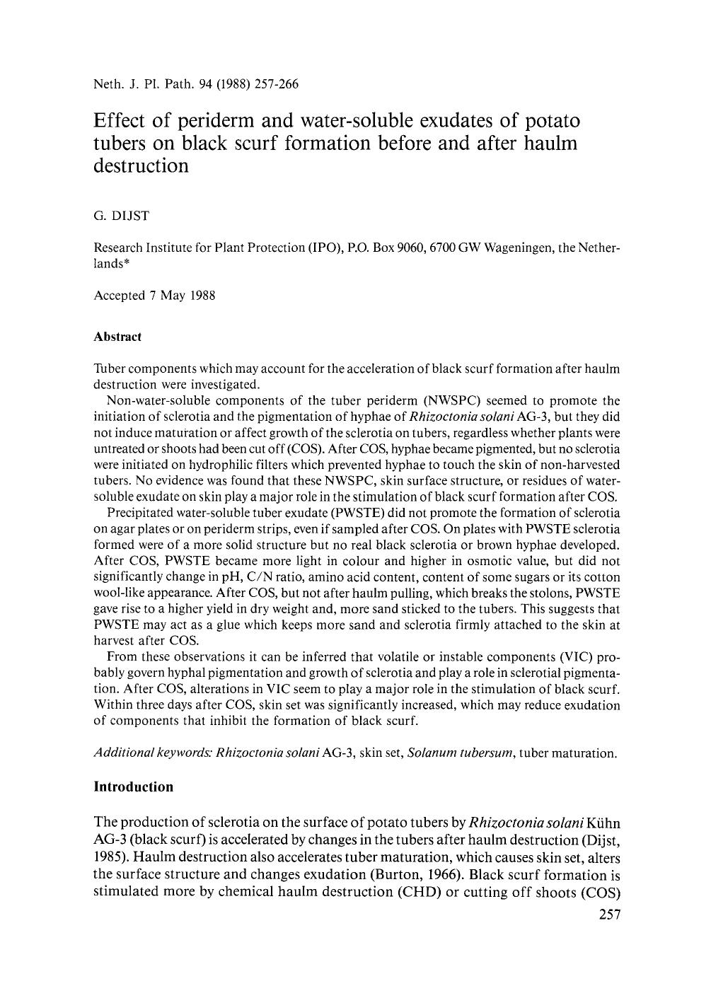 Effect of periderm and water-soluble exudates of potato tubers on black scurf formation before and after haulm destruction by Unknown