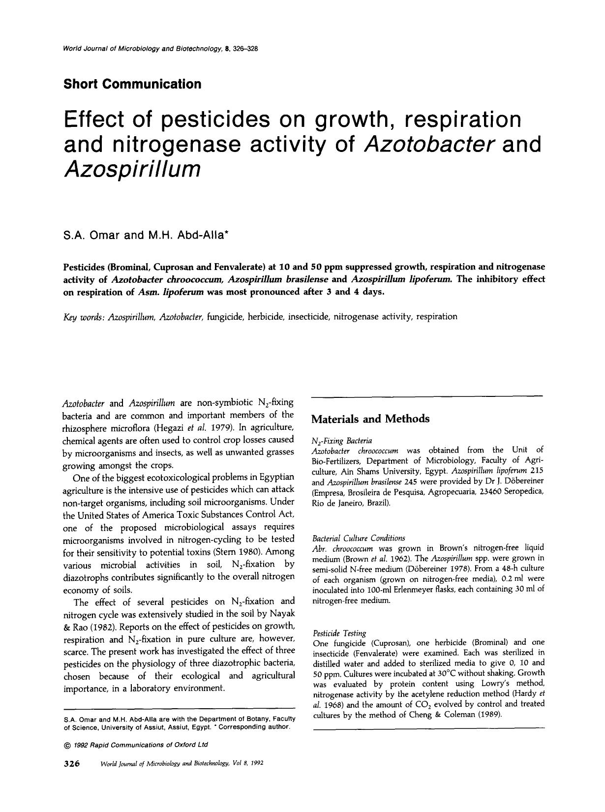 Effect of pesticides on growth, respiration and nitrogenase activity of <Emphasis Type="Italic">Azotobacter <Emphasis> and <Emphasis Type="Italic">Azospirillum <Emphasis> by Unknown