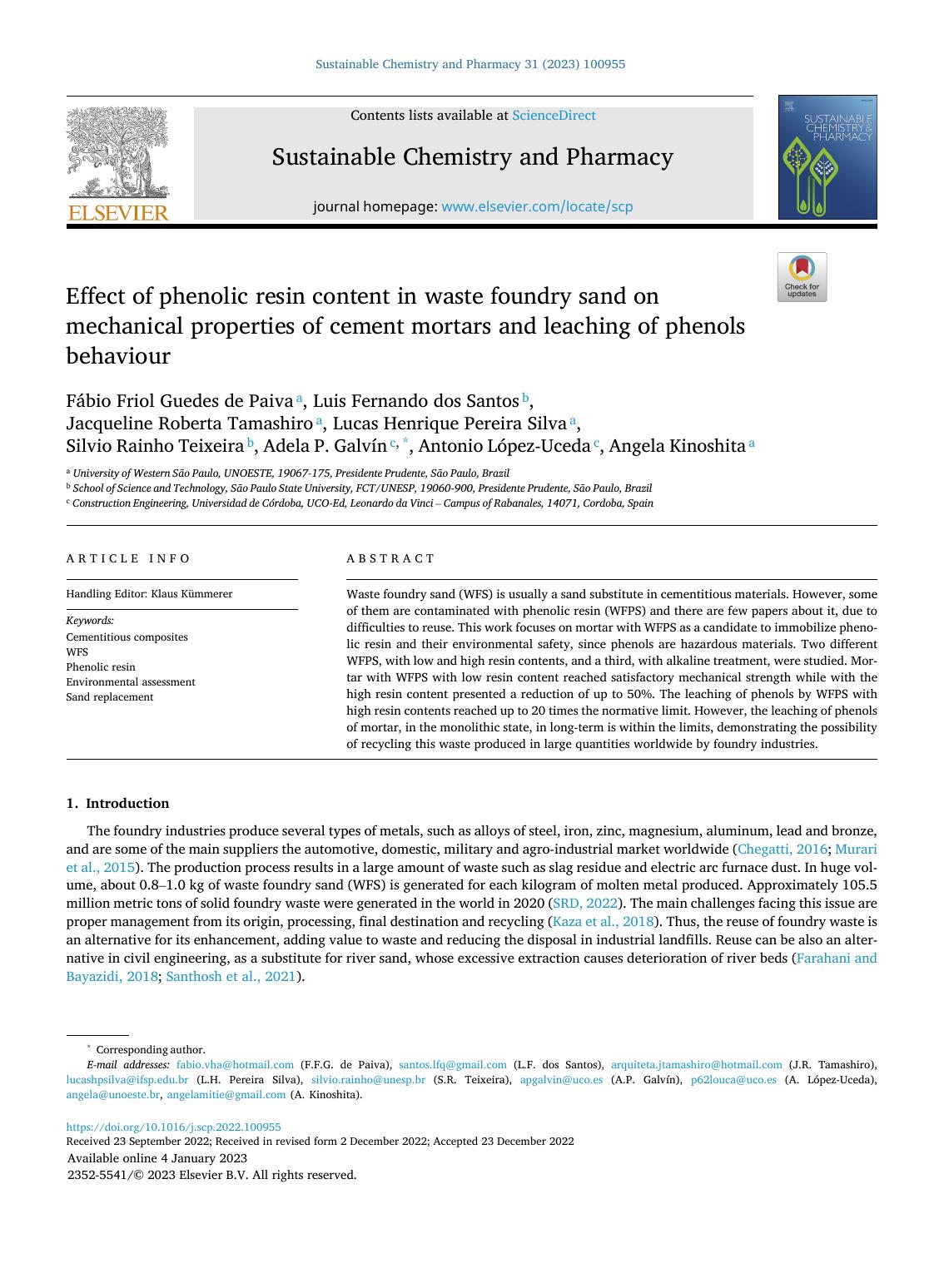 Effect of phenolic resin content in waste foundry sand on mechanical properties of cement mortars and leaching of phenols behaviour by unknow