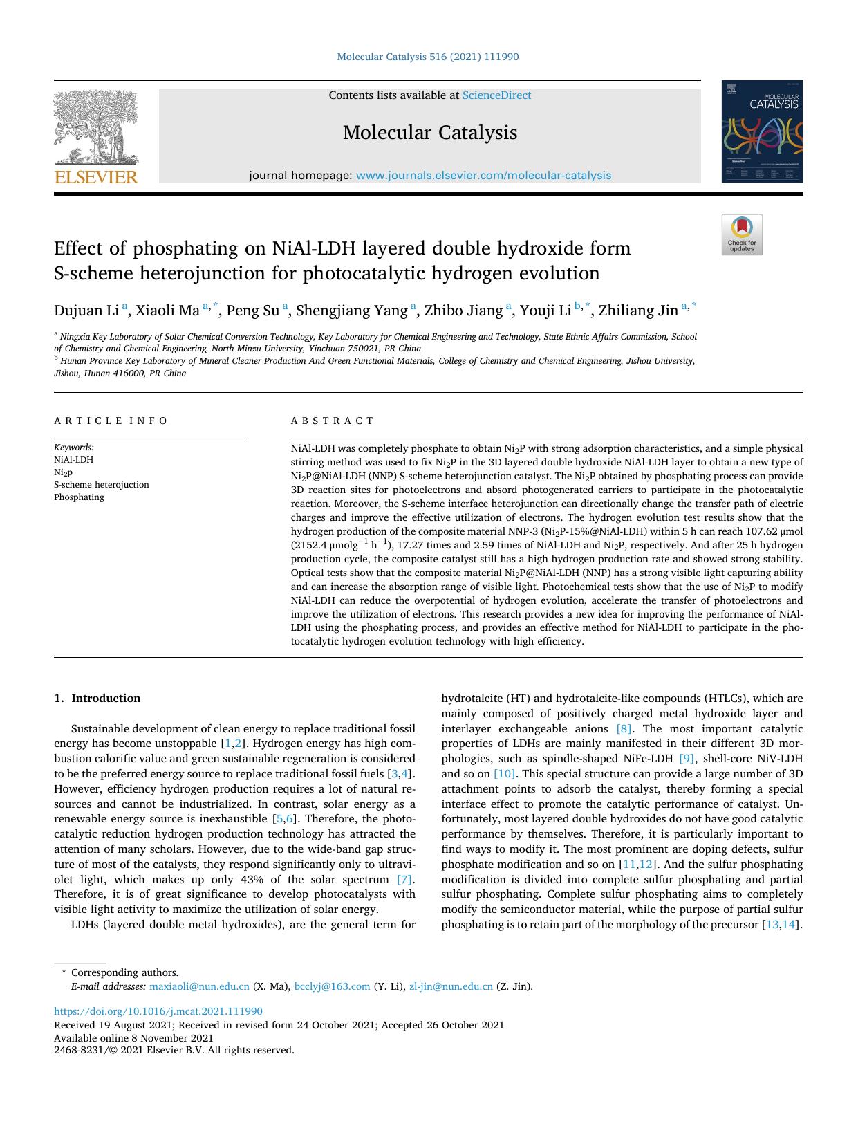 Effect of phosphating on NiAl-LDH layered double hydroxide form S-scheme heterojunction for photocatalytic hydrogen evolution by Dujuan Li & Xiaoli Ma & Peng Su & Shengjiang Yang & Zhibo Jiang & Youji Li & Zhiliang Jin