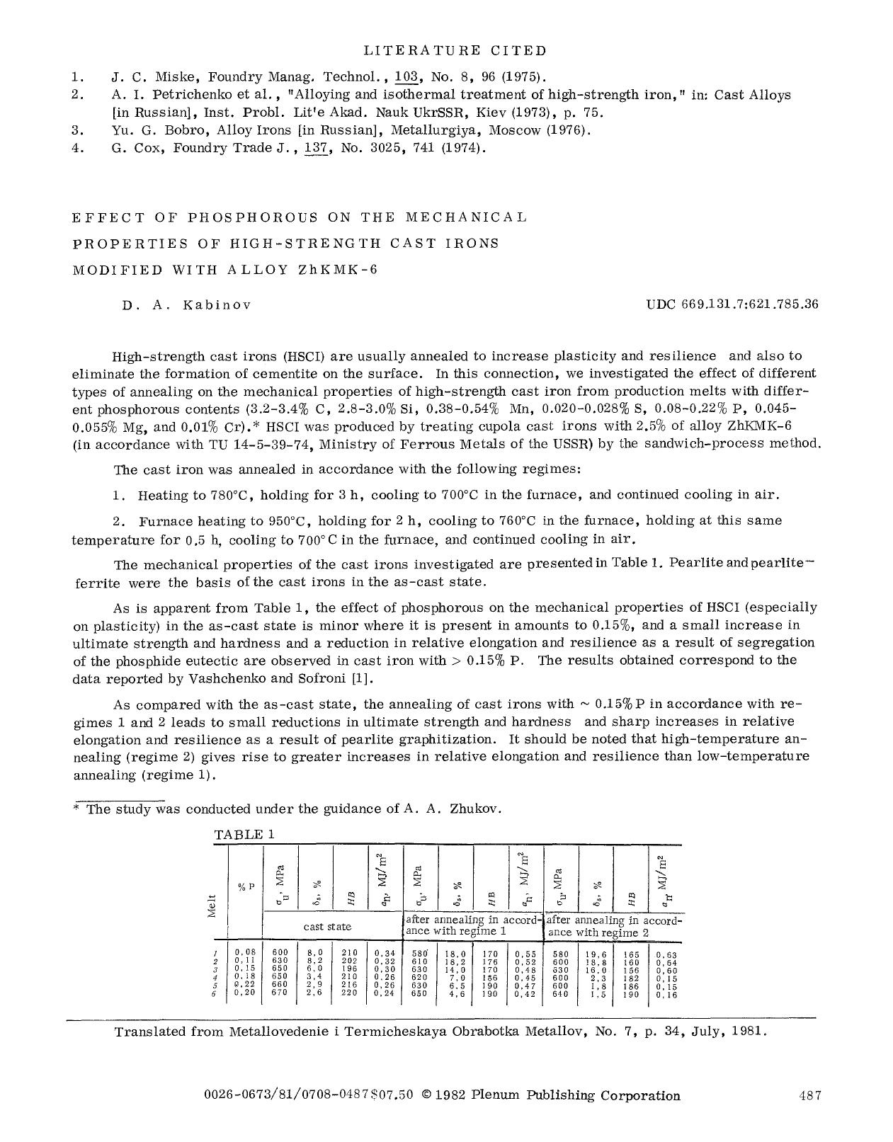 Effect of phosphorous on the mechanical properties of high-strength cast irons modified with alloy ZhKMK-6 by Unknown
