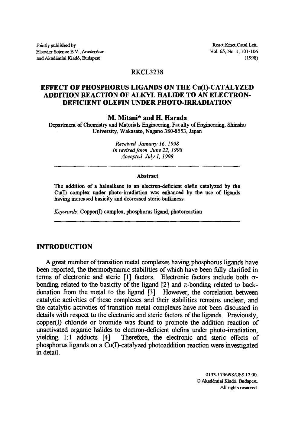 Effect of phosphorus ligands on the Cu(I)-catalyzed addition reaction of alkyl halide to an electron-deficient olefin under photo-irradiation by Unknown