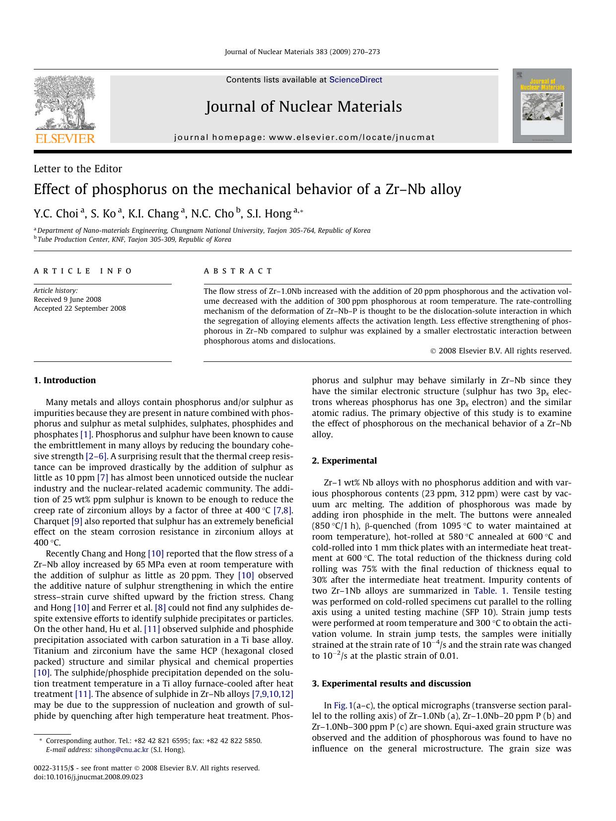 Effect of phosphorus on the mechanical behavior of a ZrâNb alloy by Y.C. Choi; S. Ko; K.I. Chang; N.C. Cho; S.I. Hong