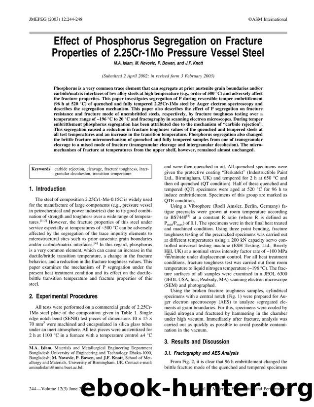Effect of phosphorus segregation on fracture properties of 2.25Cr-1Mo pressure vessel steel by Unknown