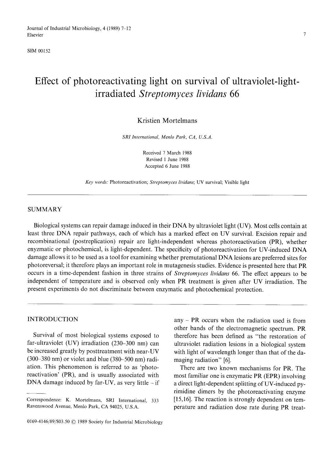 Effect of photoreactivating light on survival of ultraviolet-light-irradiated <Emphasis Type="Italic">Streptomyces lividans <Emphasis> 66 by Unknown