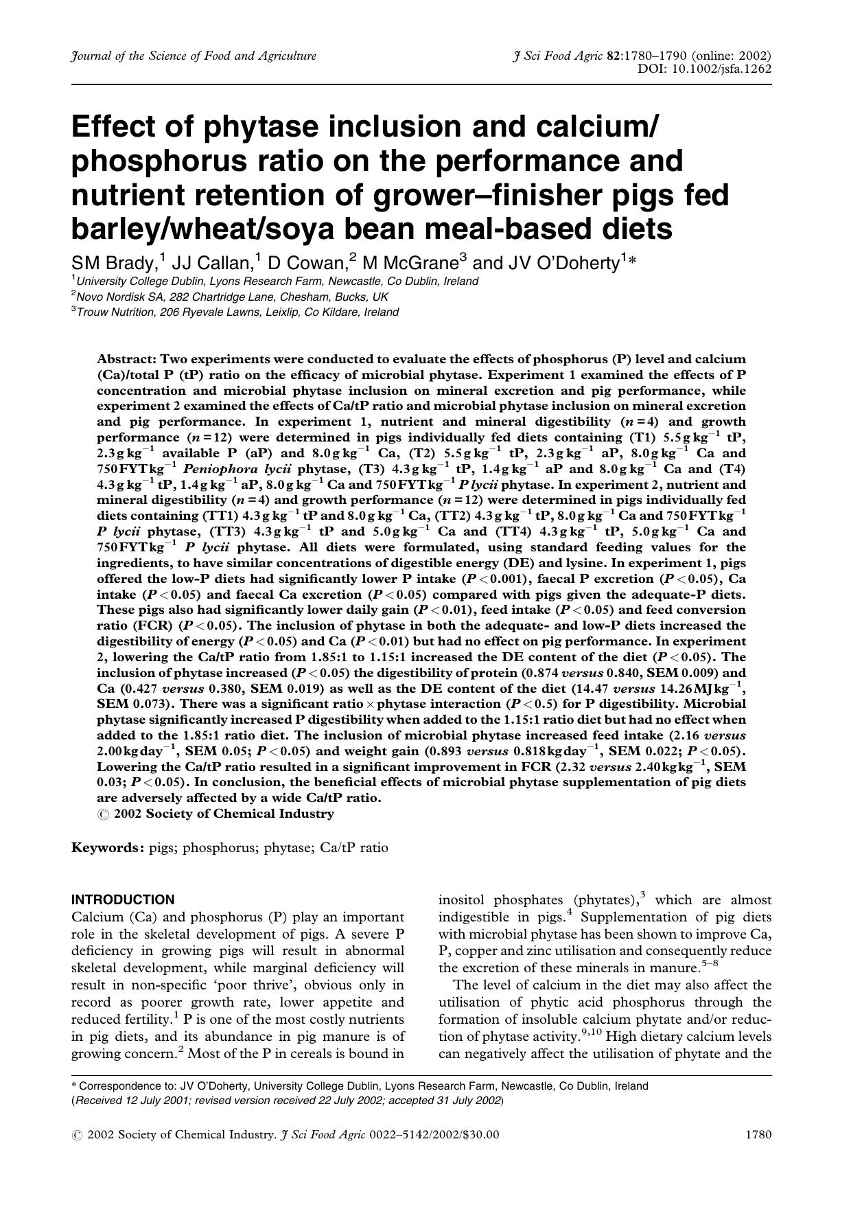 Effect of phytase inclusion and calciumphosphorus ratio on the performance and nutrient retention of grower-finisher pigs fed barleywheatsoya bean meal-based diets by Unknown