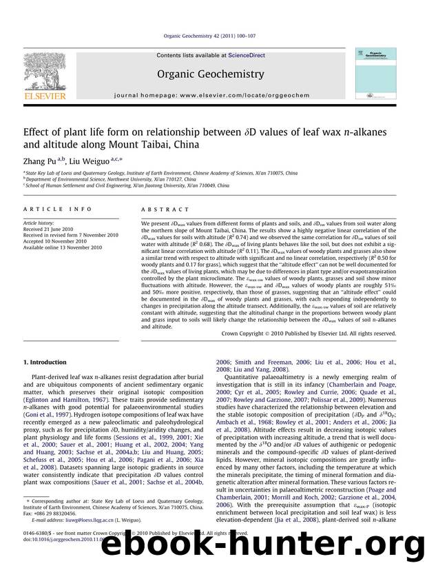 Effect of plant life form on relationship between ÃÂ´D values of leaf wax n-alkanes and altitude along Mount Taibai, China by Zhang Pu & Liu Weiguo