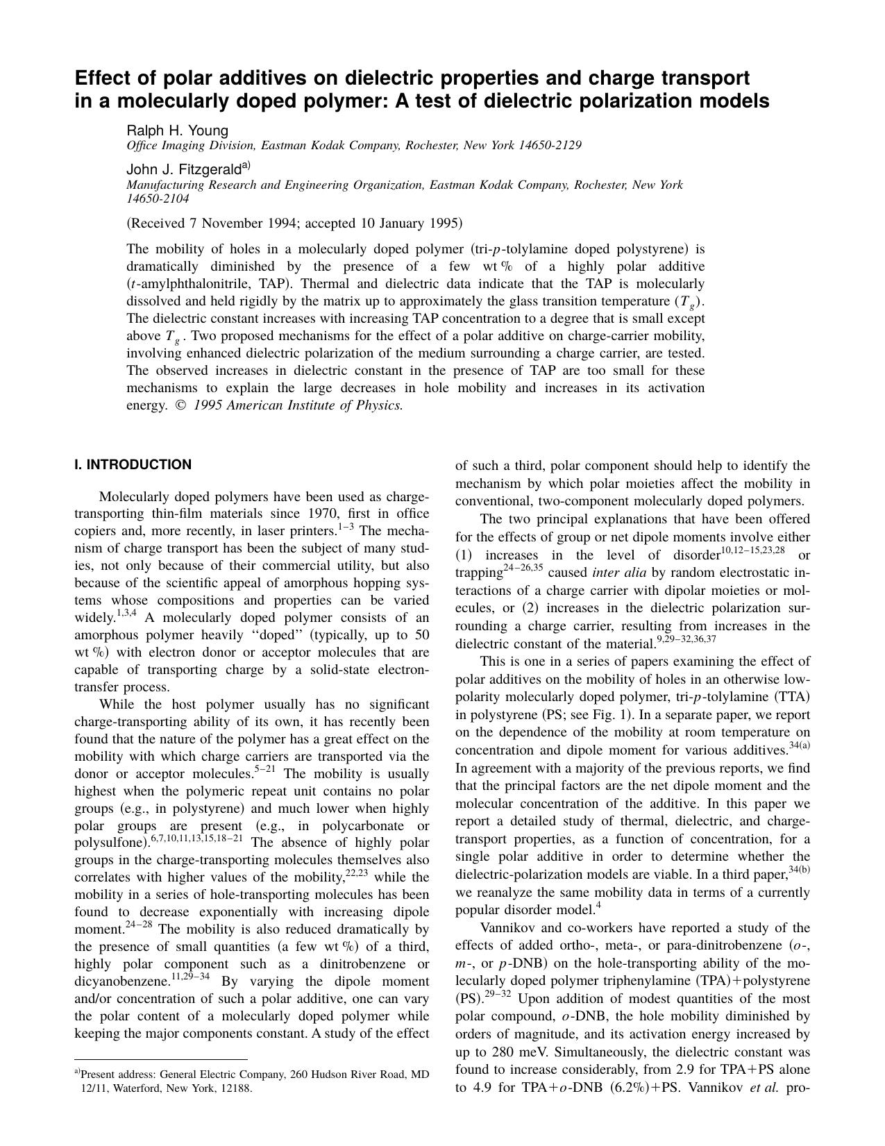 Effect of polar additives on dielectric properties and charge transport in a molecularly doped polymer: A test of dielectric polarization models by Ralph H. Young & John J. Fitzgerald