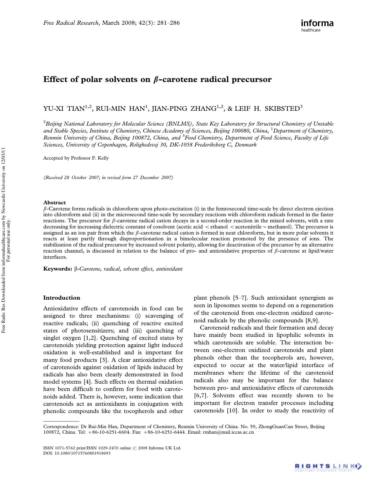 Effect of polar solvents on Î²-carotene radical precursor by Yu-Xi Tian1 2 Dr Rui-Min Han1† Jian-Ping Zhang1 2 & Leif H. Skibsted3