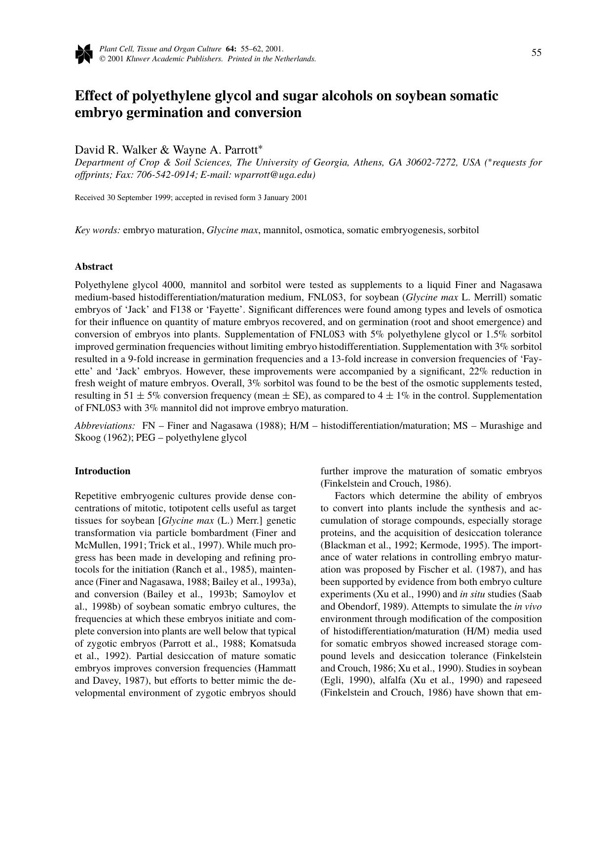 Effect of polyethylene glycol and sugar alcohols on soybean somatic embryo germination and conversion by Unknown