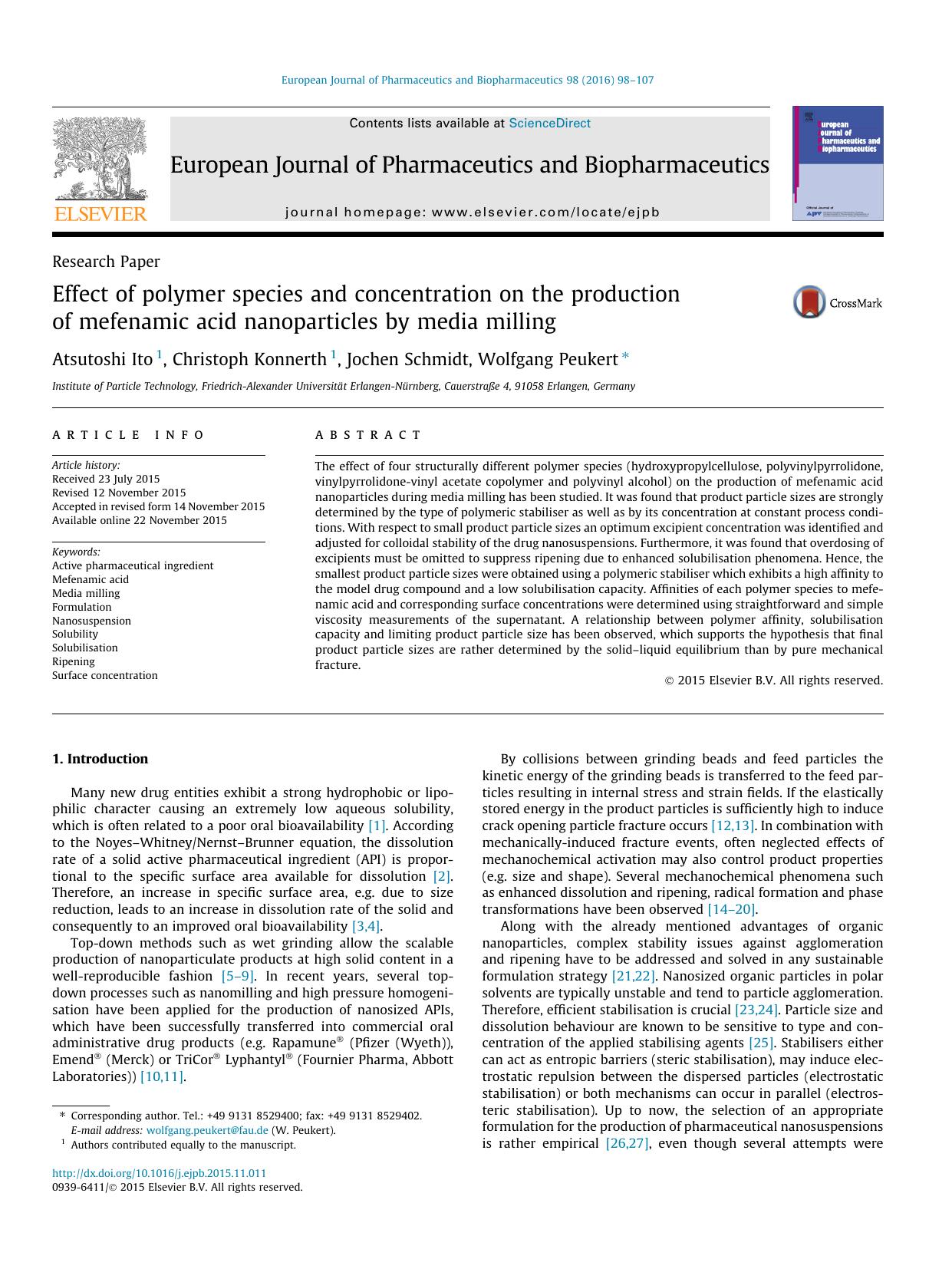 Effect of polymer species and concentration on the production of mefenamic acid nanoparticles by media milling by Atsutoshi Ito & Christoph Konnerth & Jochen Schmidt & Wolfgang Peukert