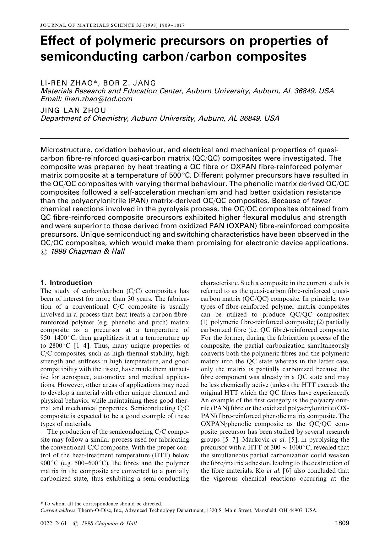 Effect of polymeric precursors on properties of semiconducting carbon carbon composites by LI-REN ZHAO* BOR Z. JANG JING-LAN ZHOU