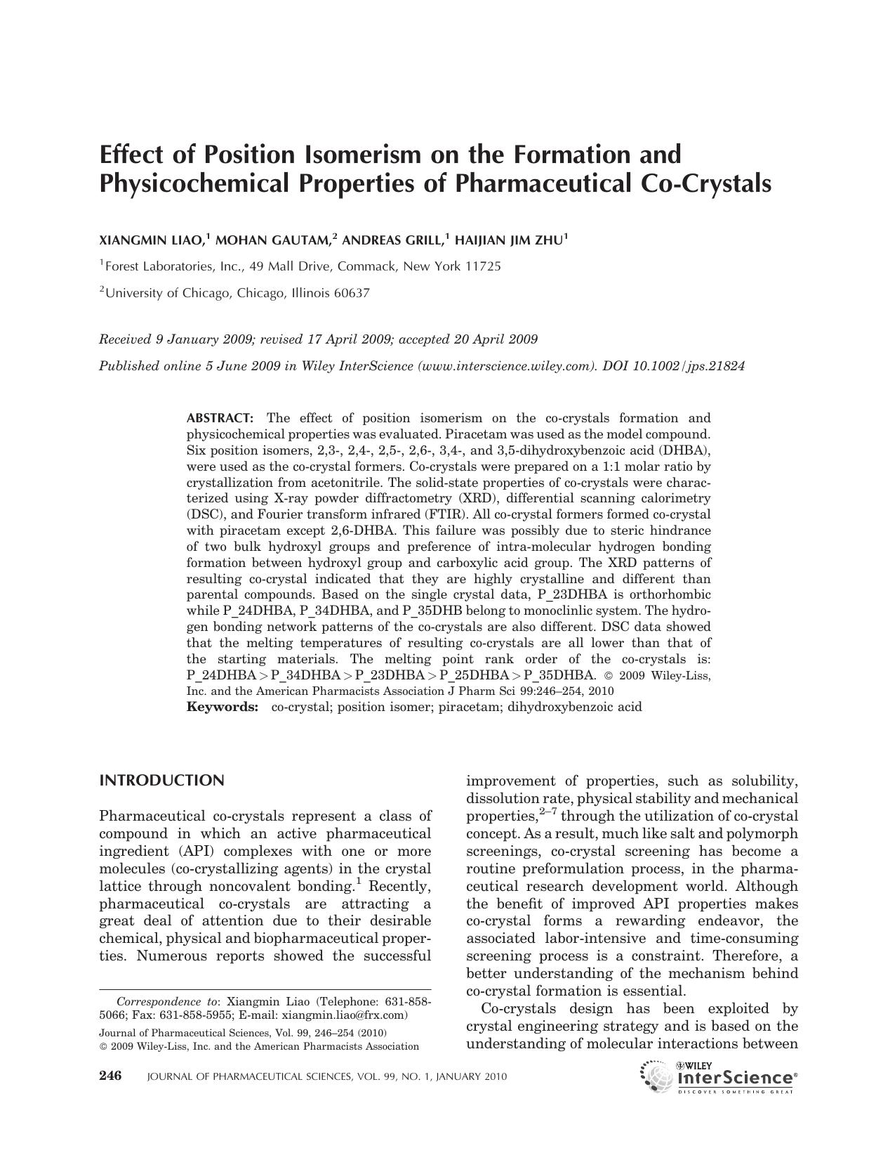 Effect of position isomerism on the formation and physicochemical properties of pharmaceutical co-crystals by Unknown
