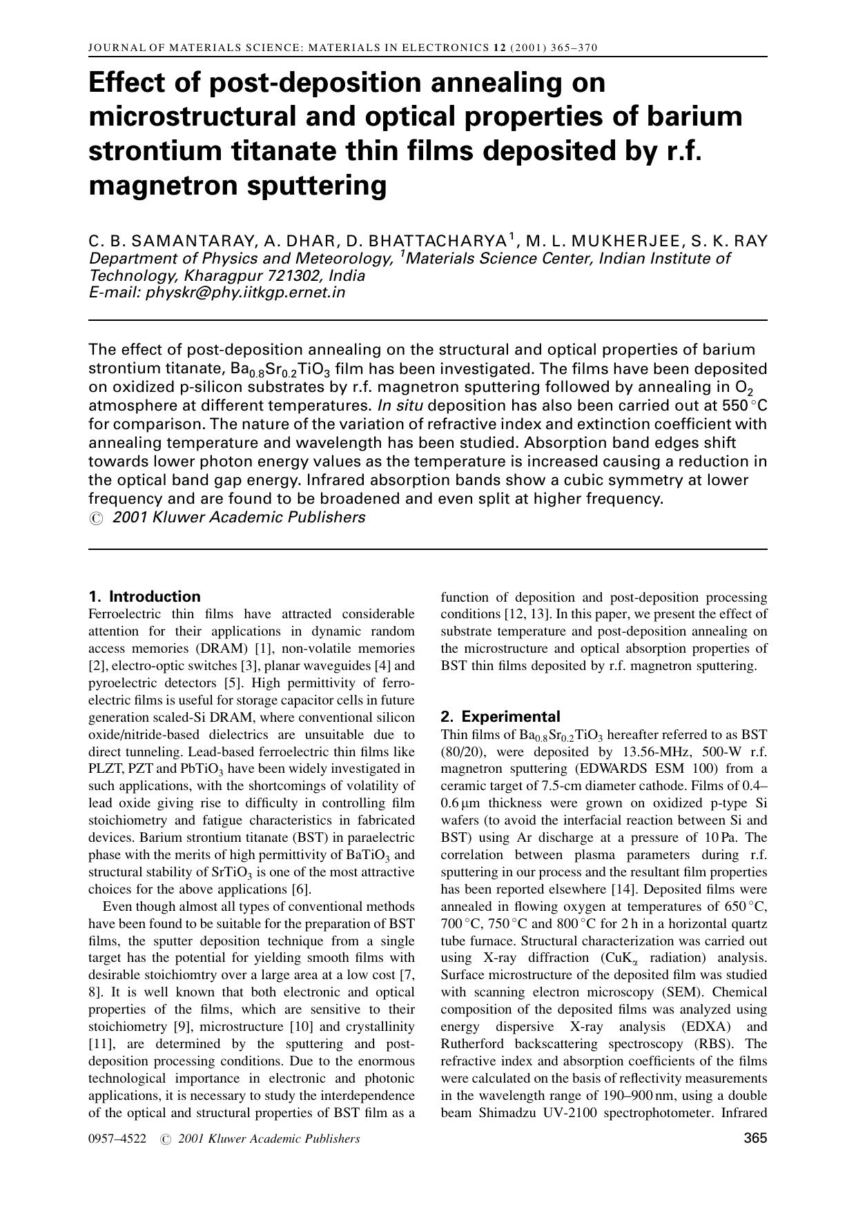Effect of post-deposition annealing on microstructural and optical properties of barium strontium titanate thin films deposited by r.f. magnetron sputtering by Unknown