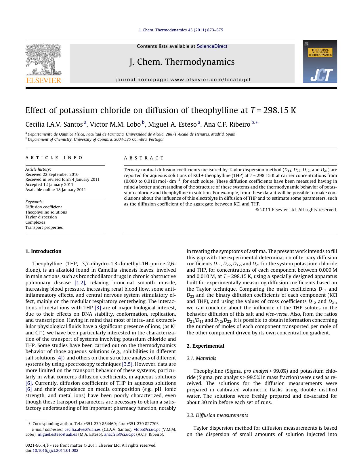 Effect of potassium chloride on diffusion of theophylline at T=298.15K by Cecilia I.A.V. Santos & Victor M.M. Lobo & Miguel A. Esteso & Ana C.F. Ribeiro