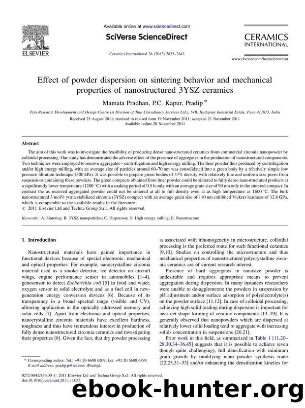 Effect of powder dispersion on sintering behavior and mechanical properties of nanostructured 3YSZ ceramics by Mamata Pradhan