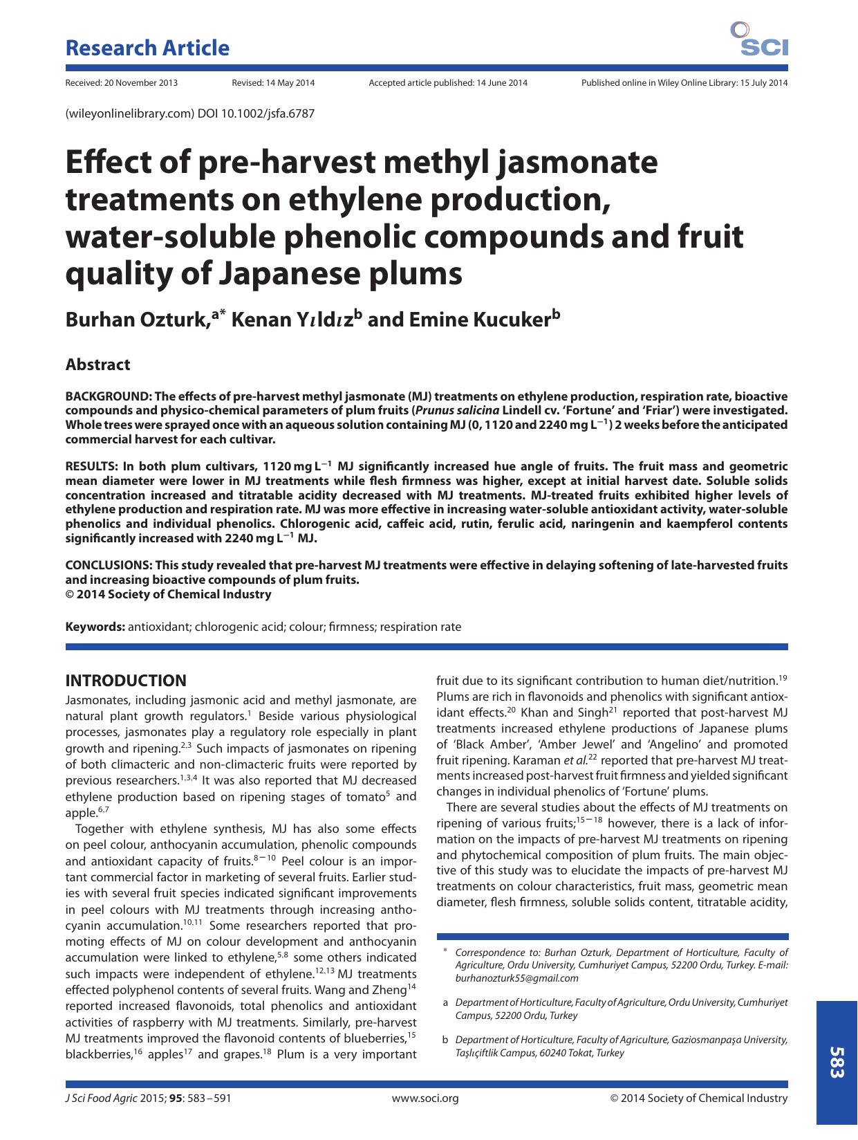 Effect of pre-harvest methyl jasmonate treatments on ethylene production, water-soluble phenolic compounds and fruit quality of Japanese plums by Unknown
